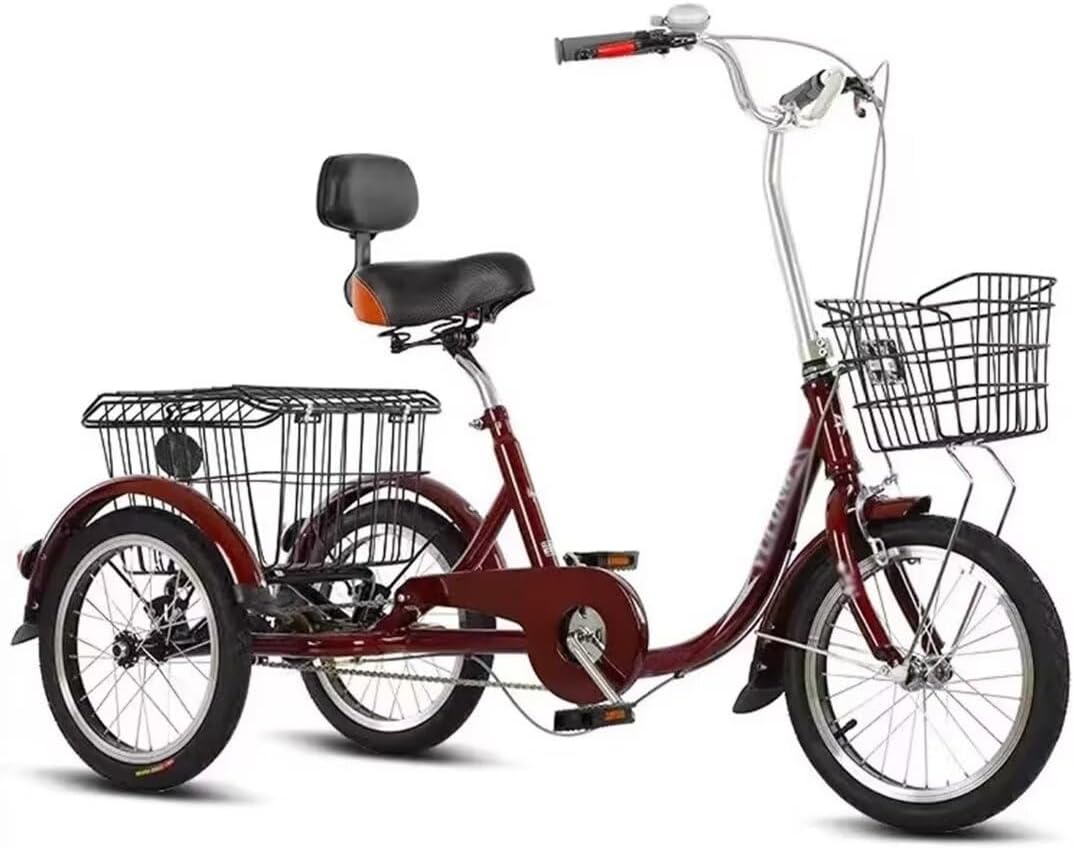 Elderly Tricycle with Shopping Basket,Adult Rickshaw Pedal Tricycle,Leisure Vehicle,16inch Cargo Trike with Rear Steel Basket,Scooter Bike (Wine Red 16 in)