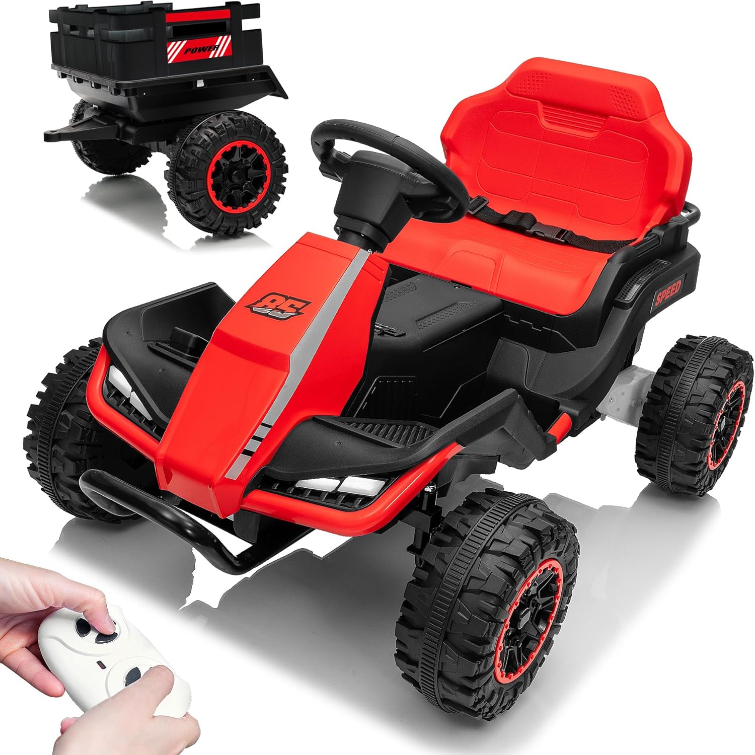 24V Ride on Toy for Big Kids with Trailer, 2x200W Motors, Up to 5MPH, Ride on Car with Parent Remote, Headlights, Shock Absorbers, Music, 4 Wheeler Electric Car for Kids 3+, Red