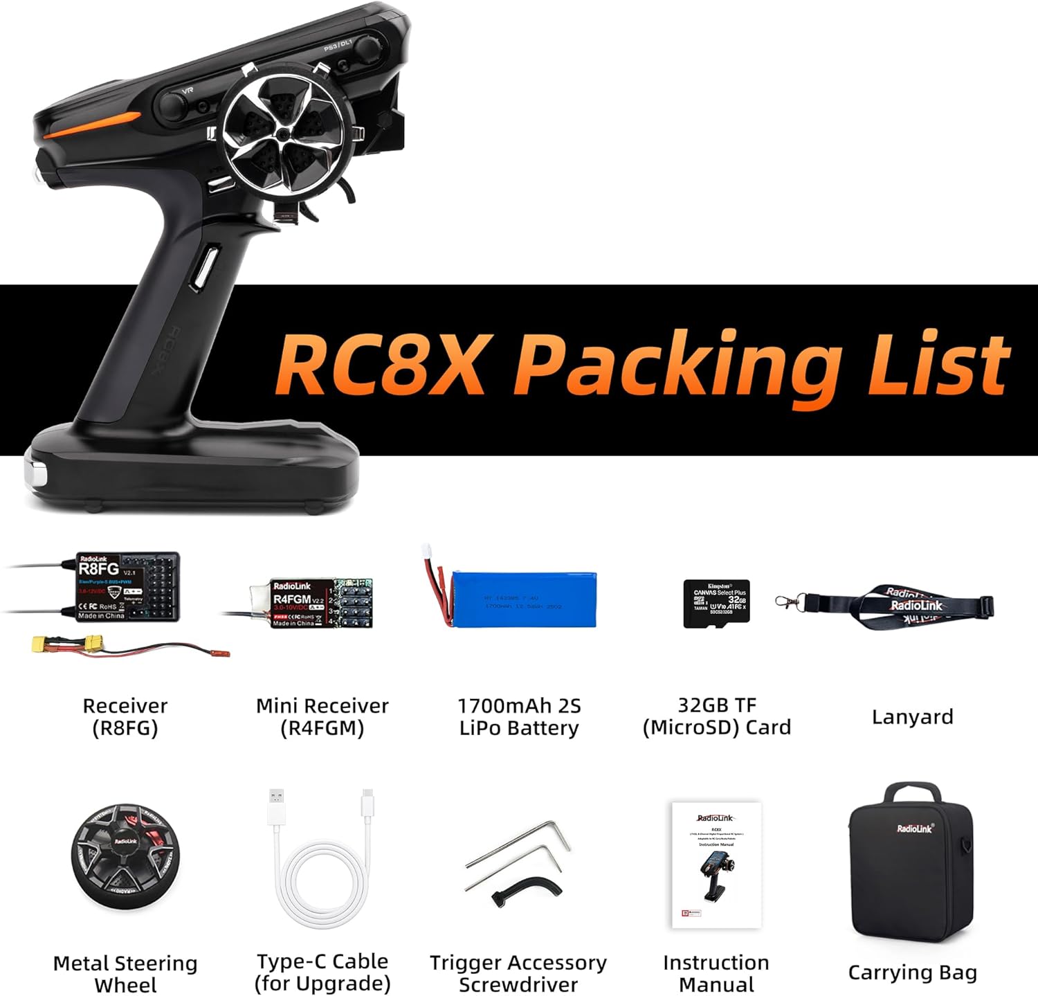 Radiolink RC8X 8 Channels 2.4G RC Transmitter and R8FG&R4FGM V2.1 Gyro Receiver, Voltage Telemetry Surface Remote Controller, 4.3