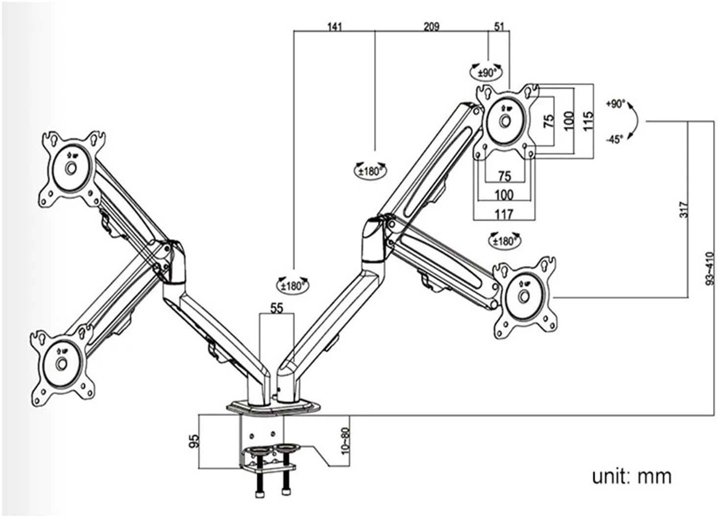 G08-24 Dual Monitor Desk Mount Bracket 13 to 27 Inch with Swivel and Tilt Adjustment(White)