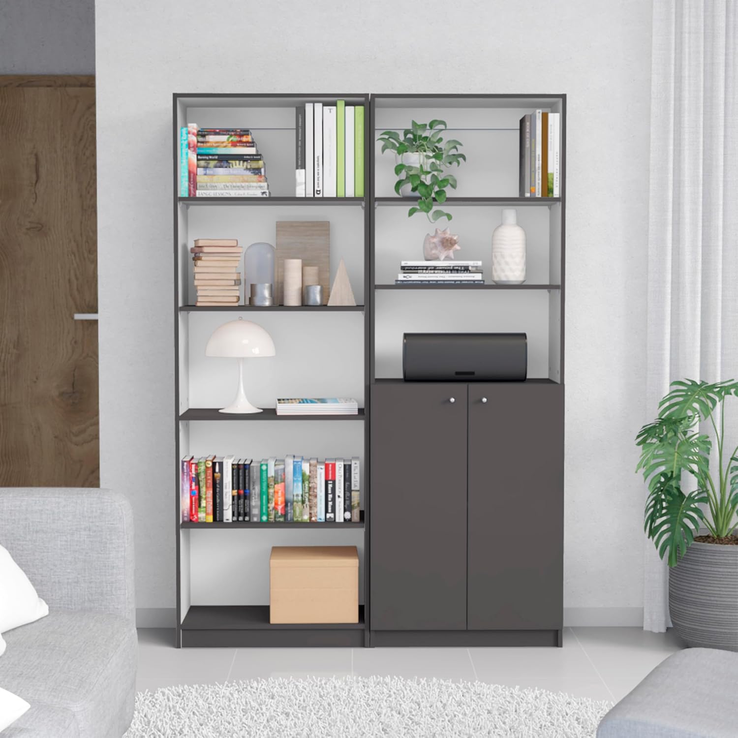 espidoo Modern Bookshelf Storage Cabinet Set: 49 Inch Wide 8 Shelves & Double Door Bookcase - Gray White Combination Display & Concealed Storage for Creative Studio Office Organization