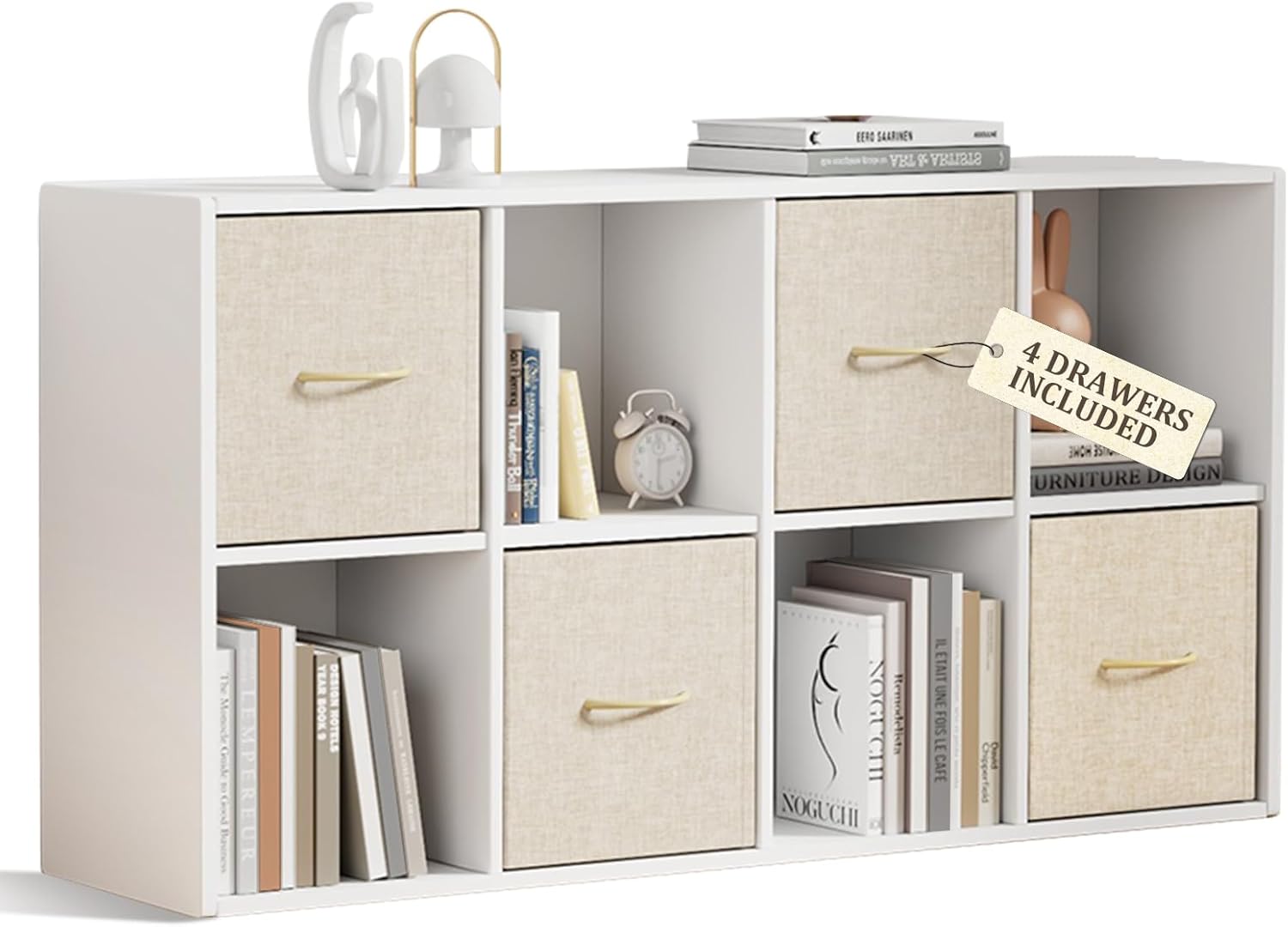 8 Cube Storage Organizer - Solid Wood Bookshelf with 4 Storage Bins, Cube Shelf with 2 Removable Back Panels, Vertical or Horizontal Bookcase, Open Book Shelf for Bedroom, Living Room, Office, White