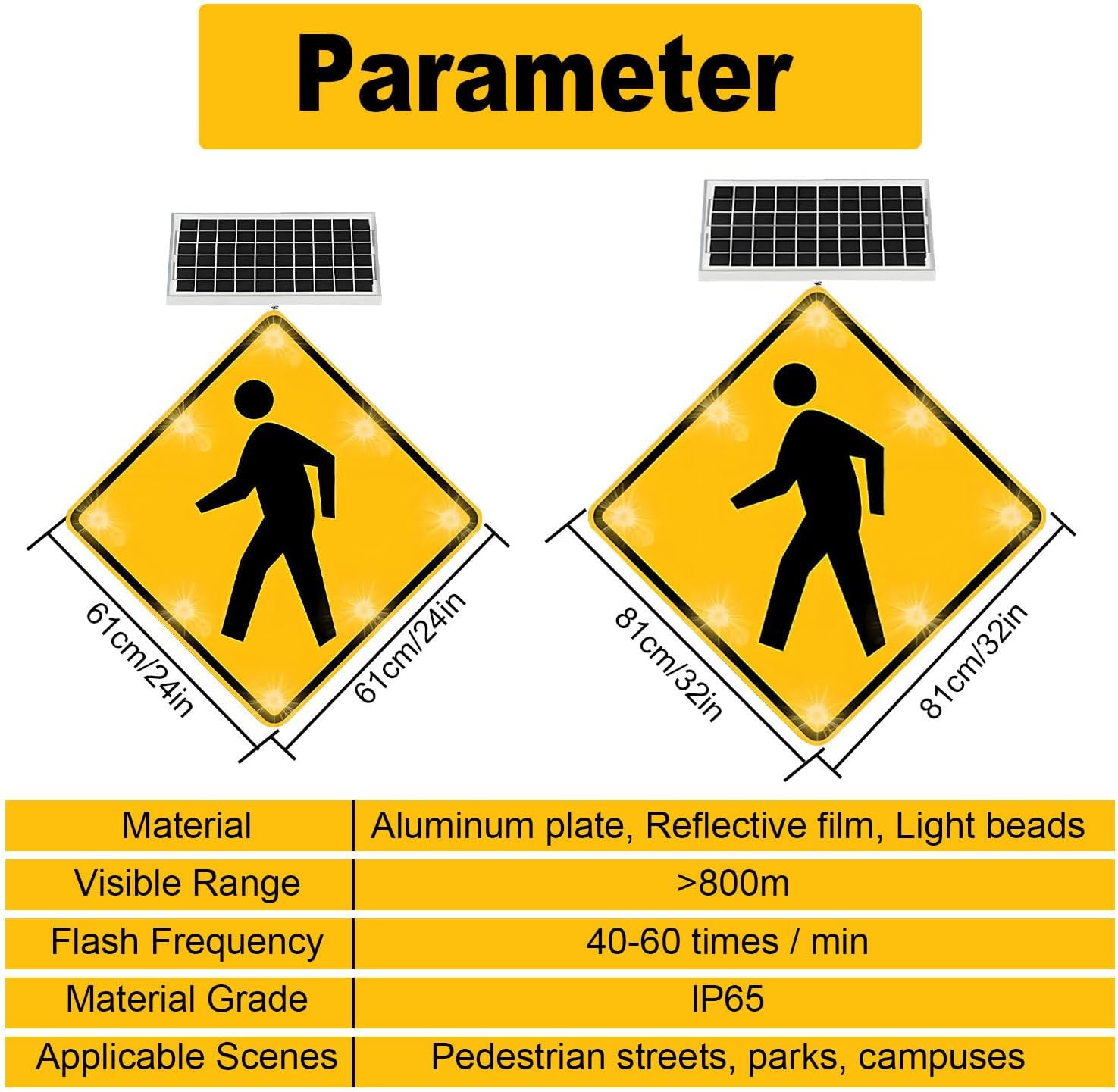 2-Pack 32in Solar LED Flashing Pedestrian Sign - Bright Blinking Traffic Warning Sign for Streets, Parks, and Campuses - Enhance Safety and Visibility