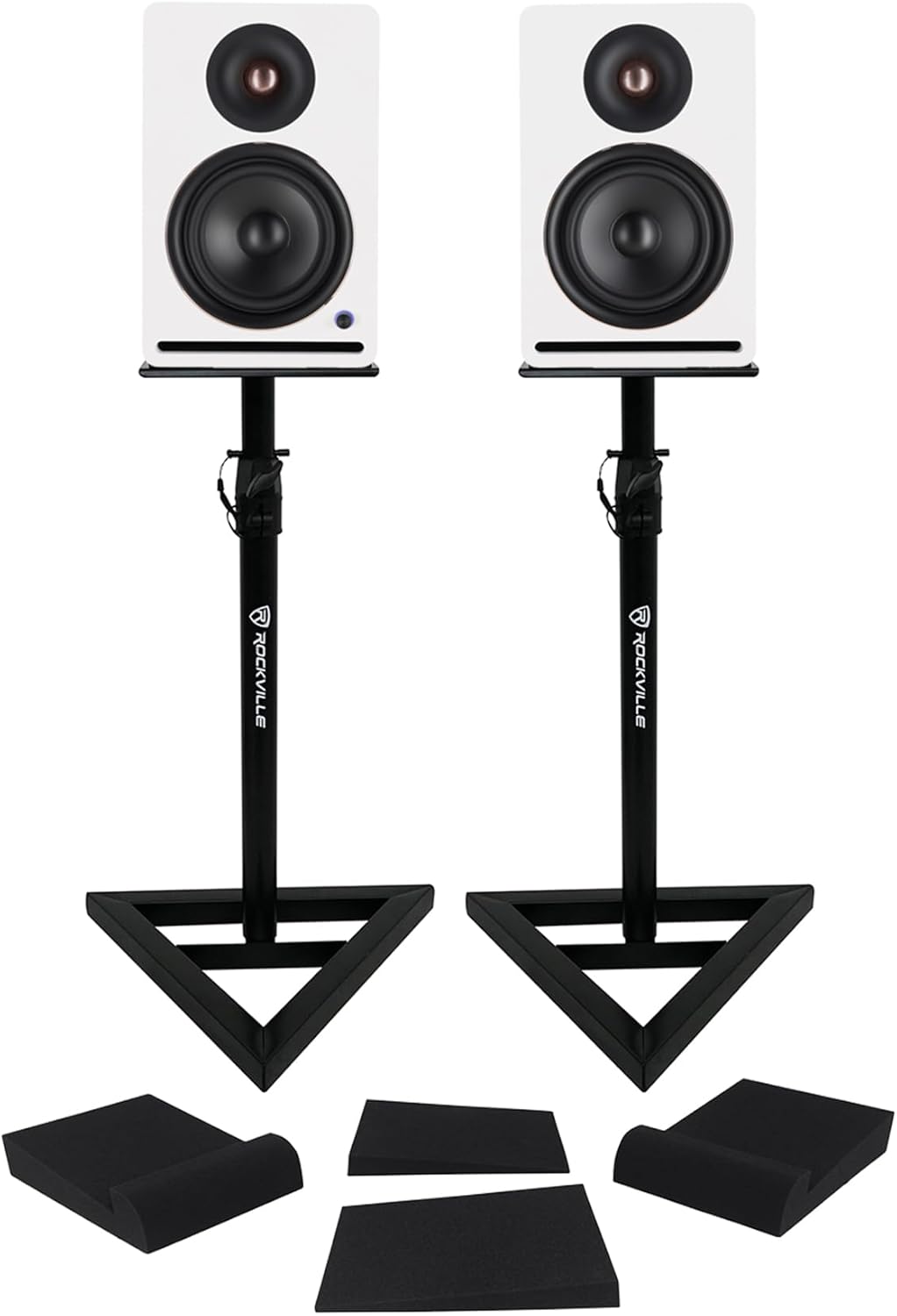 Rockville APM6W v2 Bundle: 6.5 in 400W Peak / 100W RMS Powered Studio Monitor Speakers, RVSM1 Pair Near-Field Stands, RRS190S Foam Monitor Isolation Pads 7.5 x 9.5 in, USB, Bluetooth, 3-Items