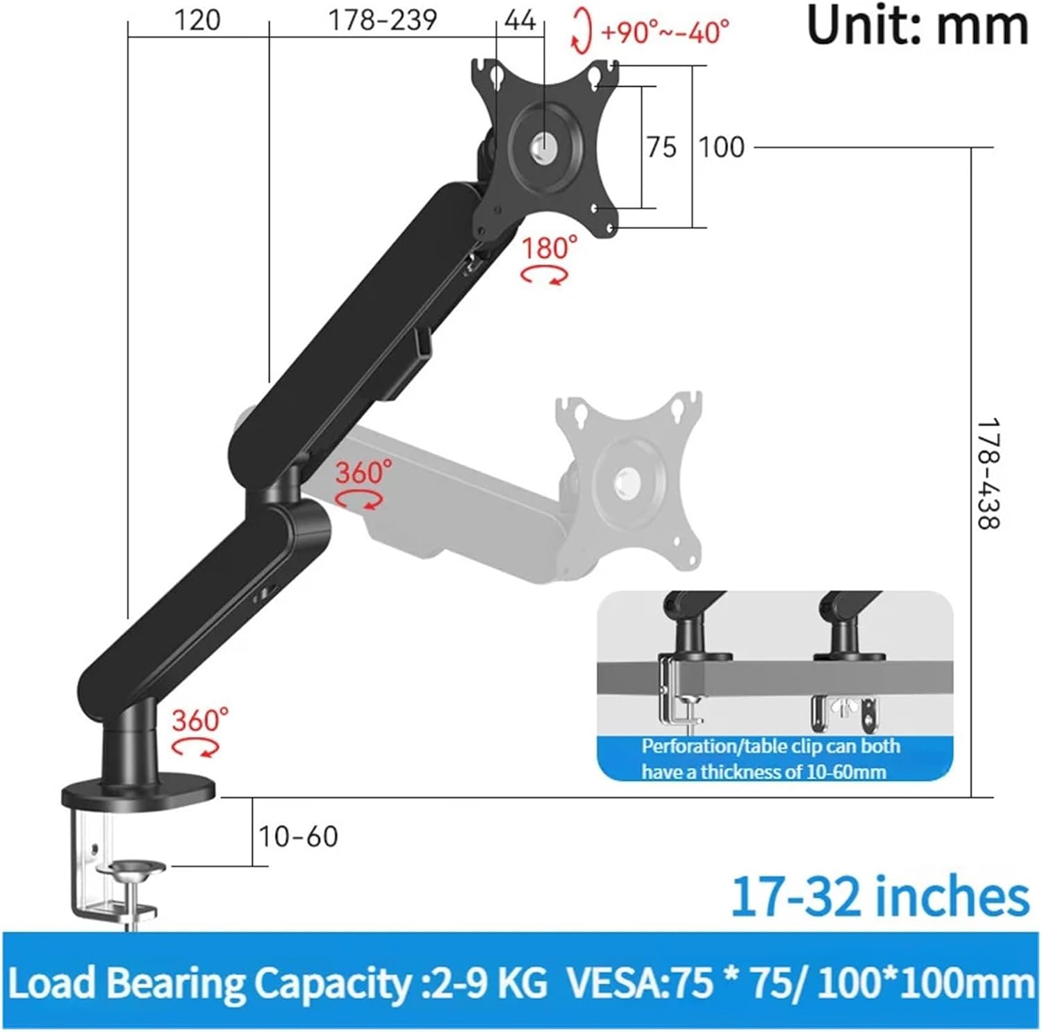 Monitor arm Desktop Gas Spring 17-32 inch LCD LED Monitor Stand mounting arm Full Motion Display Stand Load-Bearing 2-9 kg Computer Accessories