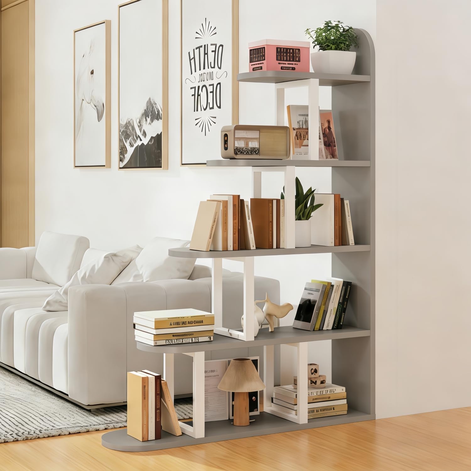 Kavie Ladder Bookcase, Open Shelf Room Divider, Entryway Storage Unit with Graduated Shelves, Modern Bookcase for Living Room and Study (Grey+White Shelf,39.3