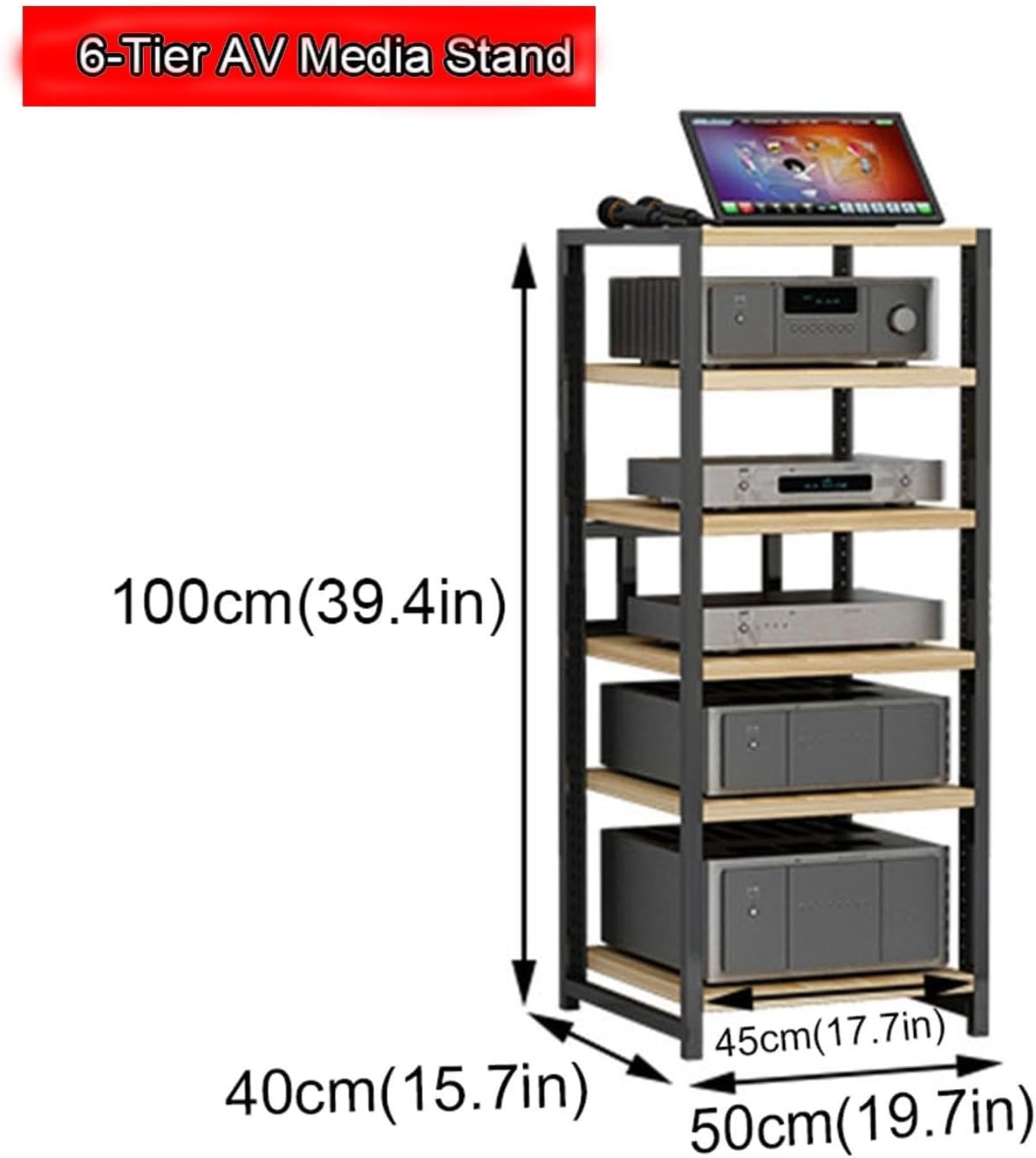Open AV Media Stand Audio Rack CD Player Stand Stereo Component Storage Cabinet with Height Adjustable Wooden Shelf for Home/Office/Theater
