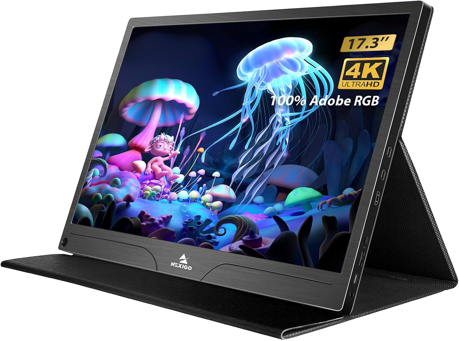 NexiGo 4K Portable Monitor 17.3 Inch, 400 Nits, FreeSync, 100% Adobe RGB, HDR IPS Display, Dual Speakers Eye Care Screen with OTG Expansion, for Laptop PC/MAC/Console/PS5, VESA & Smart Cover