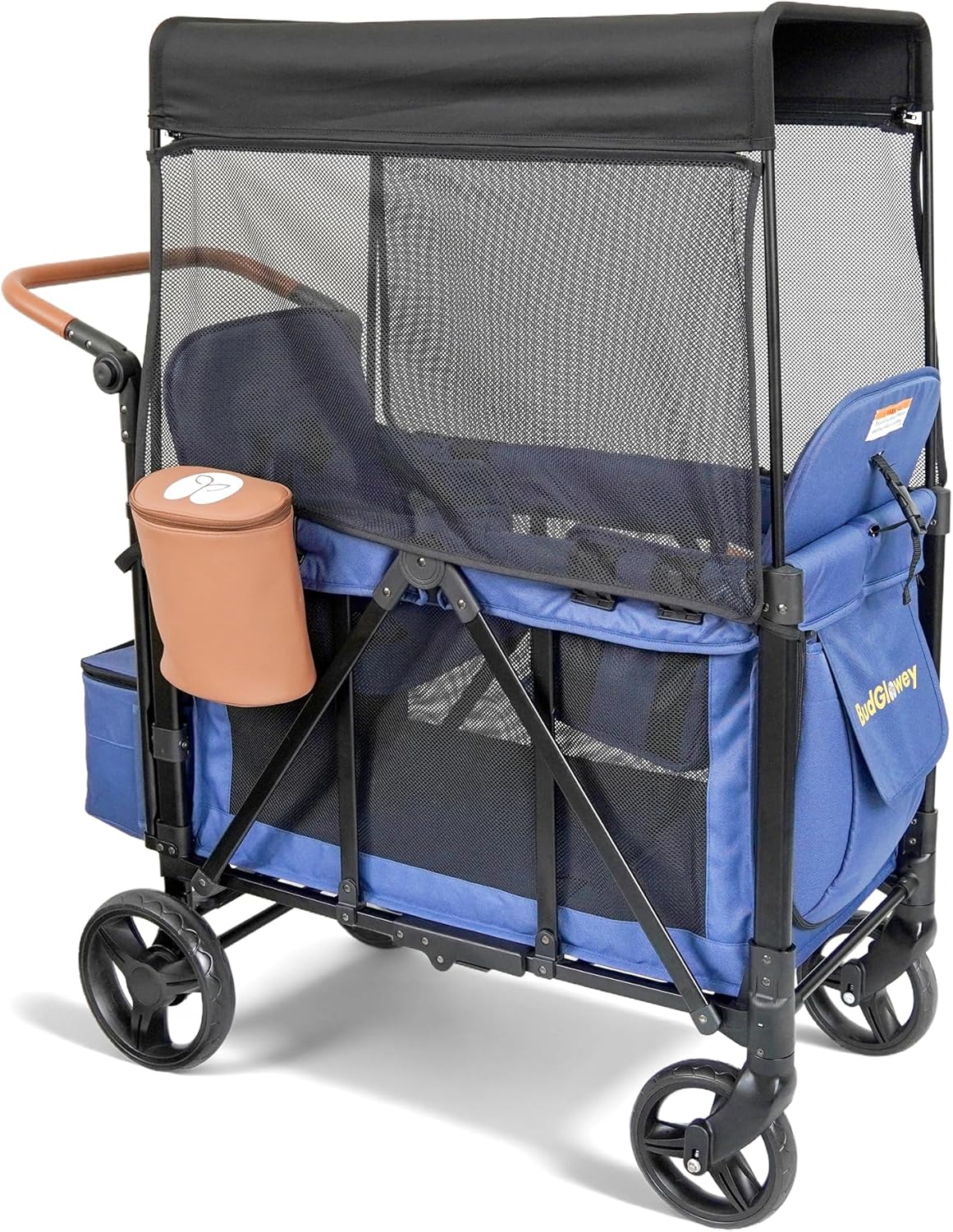 Foldable Wagon Stroller for 2 Kids, All-Terrain Blue Wagon with 5-Point Harness, Canopy, Insulated Snack Pack, Adjustable Handle, Parent Organizer for Outdoor Use