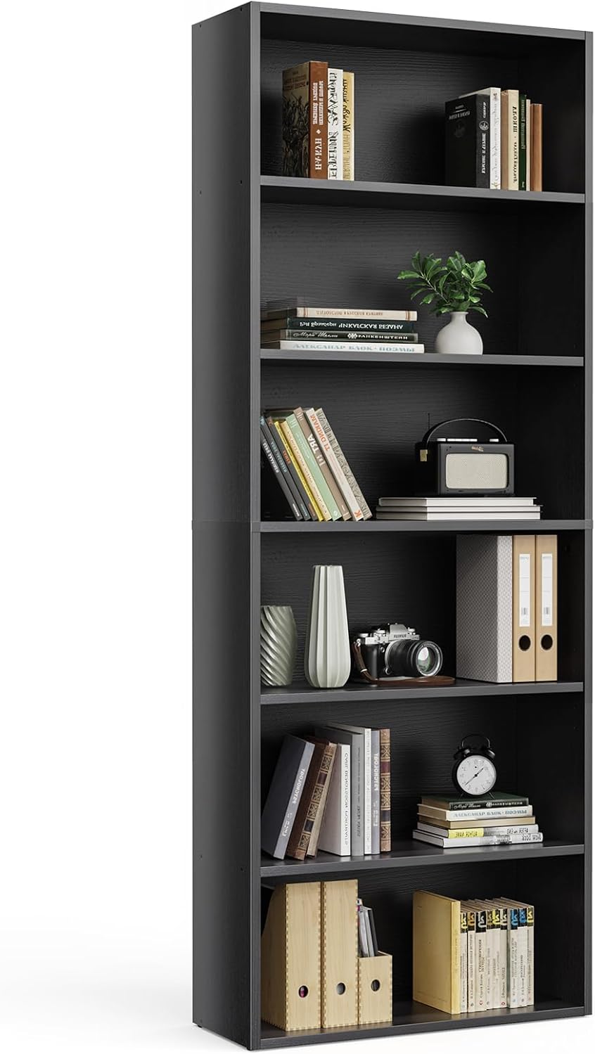 WZONICE98 6 Shelf Bookcase Large Standing Open Bookshelf Organizer Shelving Unit Durable Utility Racks Storage Shelf Vertical Cabinet for Home Office Living Room Bedroom Metal Wood Black