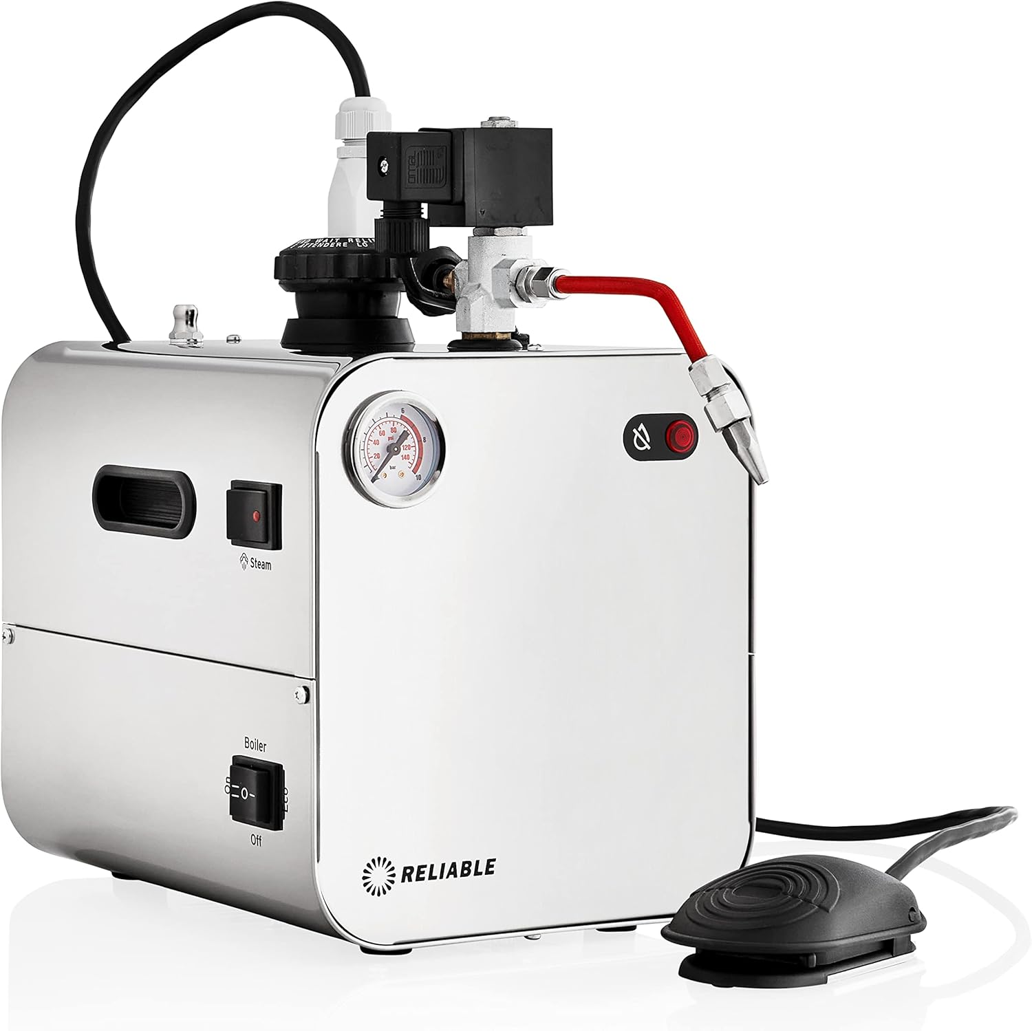 Reliable 5100CJ Stainless-Steel Jewelry Steam Cleaner with Eco Mode, 120V, 2.2 LTR Tank, 50 PSI, Stainless Steel Tank, External Heating Element, 4 Safety System, Pressure Gauge, Made in Italy