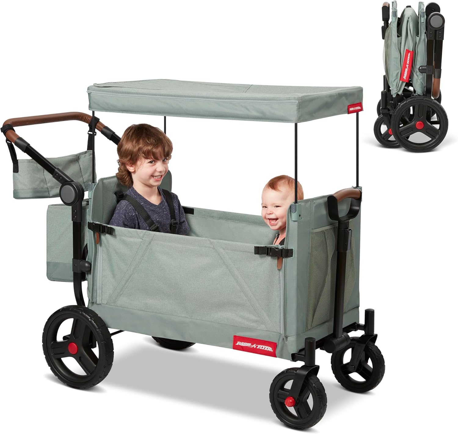 Radio Flyer Atlas Stroll ’N Wagon, Sage Green, for Ages 1+, 3-in-1 Push or Pull Versatility, One-Hand Fold, UV Canopy, 5-Point Harnesses, Storage Capabilities, Rubber Wheels, Stroller Wagon for Kids