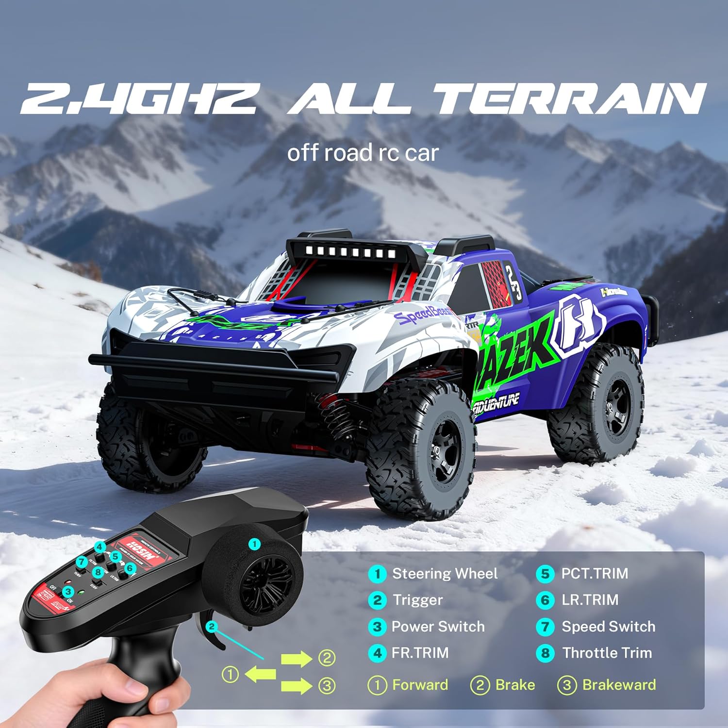 Hosim 1/10 Scale Brushless RC Cars for Adults Fast 62+ MPH, MAZEK 4x4 Off-Road Electric Remote Control Monster Truck, RTR with 3S Lipo Battery, 100A ESC, Waterproof Racing Buggy Blue