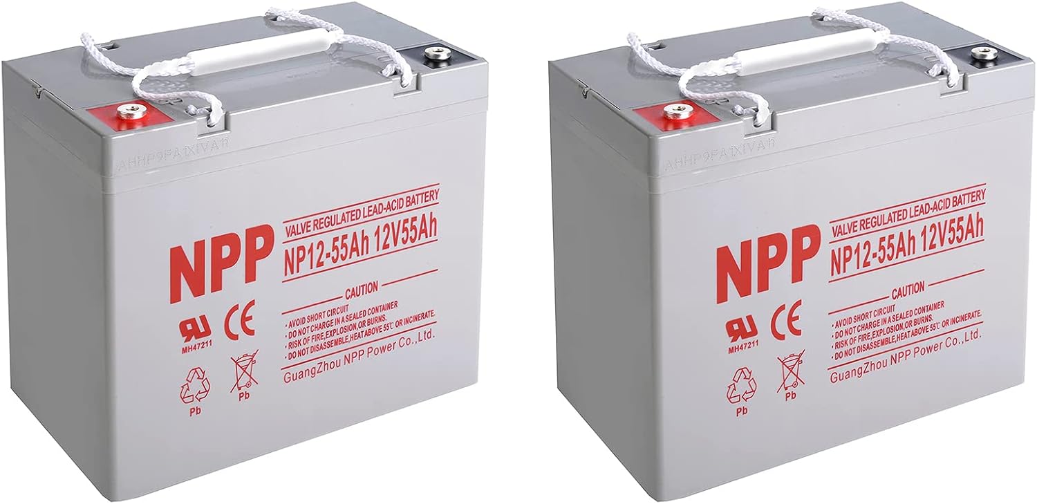 NPP NP12-55Ah(2 Pcs) 12V 55Ah 12Volt Rechargeable AGM SLA Sealed Lead Acid Battery for Scooter Pride Mobility Jazzy Select Electric Wheelchair, Off-Grid Solar System, UPS