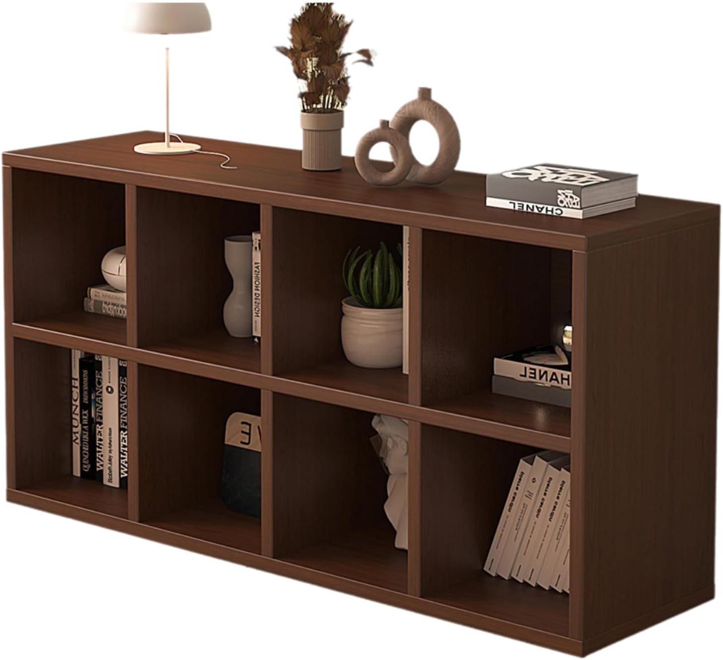 8 Cube Floor Standing Storage Bookshelf, Stackable Wood Display Bookcase Fits Cubby Bins for Organization, Open Shelf Low Book case for Home Office Living Room Bed Room (Walnut)