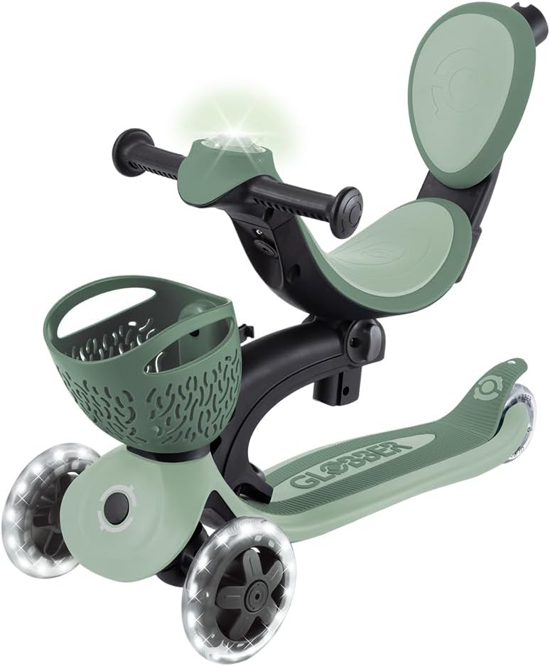 Globber - GO•UP Baby 360 Lights - Scalable Scooter 3 Wheels with Seat and Backrest for Children from 15 Months to 6 Years, Sage Green