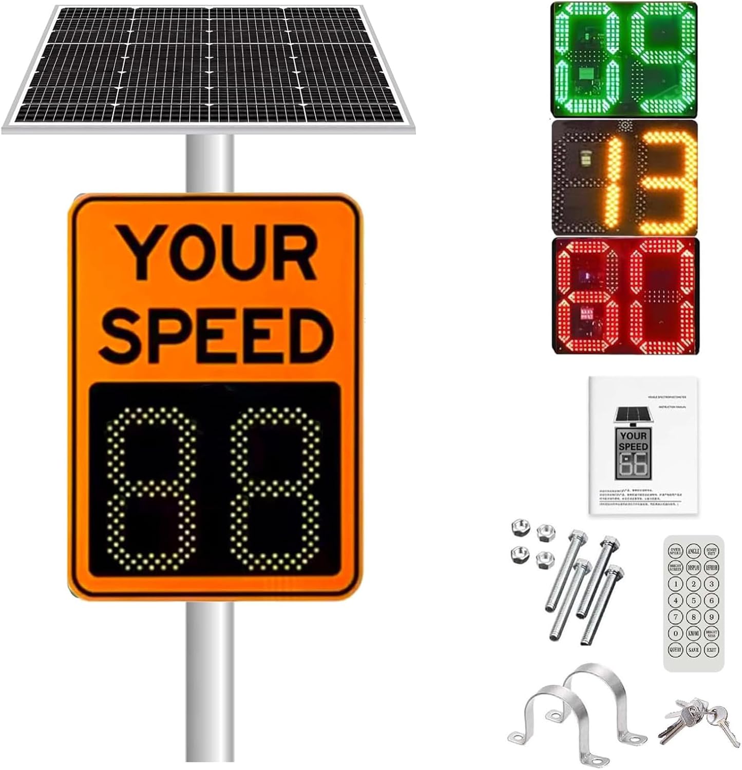 Solar Powered Radar Feedback Sign, Digital Rader Speed Detector Signs,Aluminum Solar LED Radar Speed Traffic Signs, IP65 Waterproof All-Weather Real-Time Monitoring Orange-23.6×35.4in/60x90cm