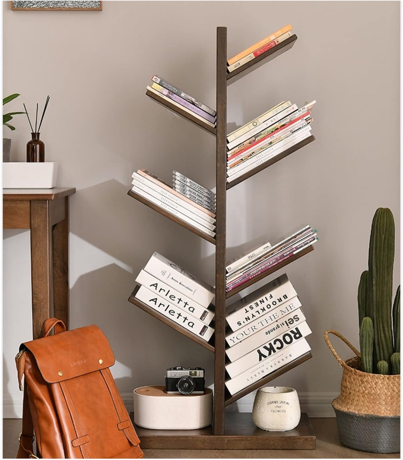 Solid Wood Bookshelf Floor-to-Ceiling Tree-Shaped Shelf, Against The Wall Bookcase for Office Living Room MINGPING (Color : 48.5x26.5x121cm Walnut Color)