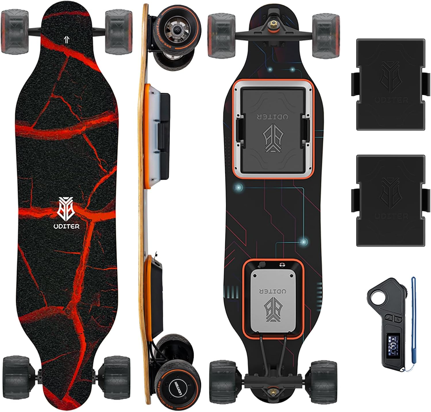 Electric Skateboard with Remote, Max 600W×2 Hub-Motors, Swappable Battery, Up to 28 MPH, 12–25 Miles Range, 4 Speed Modes, Electric Longboard for Adults & Beginners (Flamo / S3 / Pixel Series)
