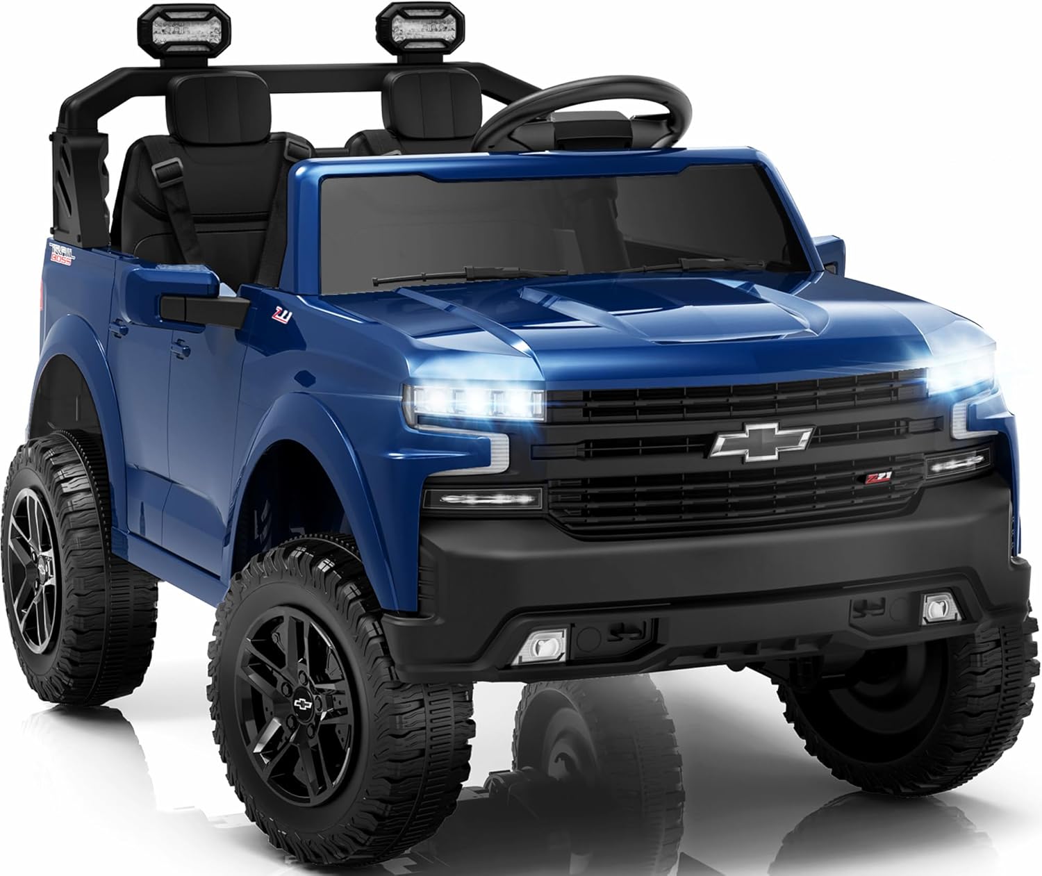First Ride On 24V 2 Seater Ride on Toys Licensed Chevrolet Silverado, Electric Vehicle with Remote Control and Seat Belts, Electric Ride On Truck wtih Trunk, Bluetooth and LED Lights (Blue)