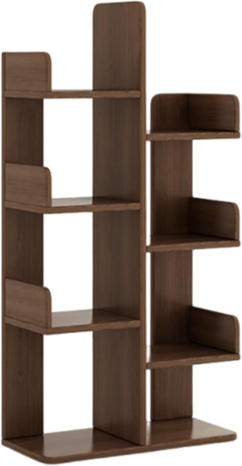 JS Ellie Cactus Tree Shaped Bookshelf, Solid Wood Bookcase with Drawers and Shelves, Modern Display Rack, Suitable for Living Room, Office, Bedroom, Small Space Walnut 55 * 23 * 120cm