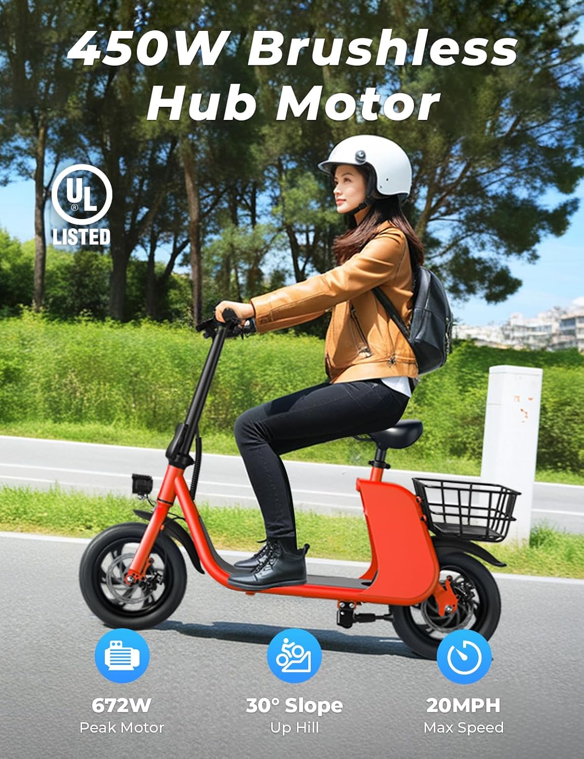 Windhorse Electric Scooter with Seat, 20 Miles Range, 15.5 MPH Speed, 650W Peak Motor Power,Dual Disc Brakes, Foldable Commuter Electric Scooter for Adults and Teens, 2 Baskets, Max Load 265 Ibs