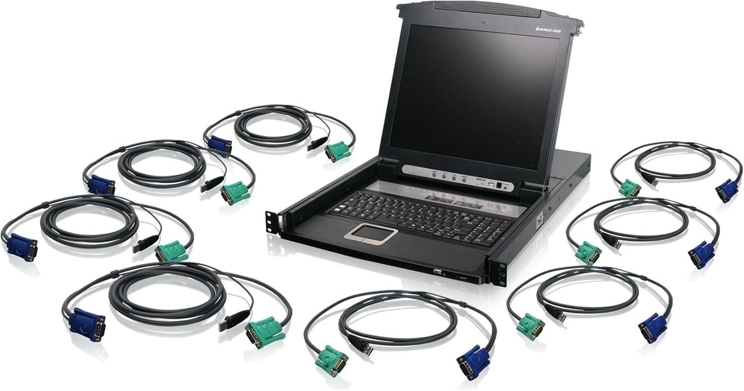 IOGEAR Rackmount 8-Port KVM Switch Console with 17-inch TFT LCD Active Matrix Monitor, Keyboard and Touchpad w/Full Set of Cables (GCL1808KITU)