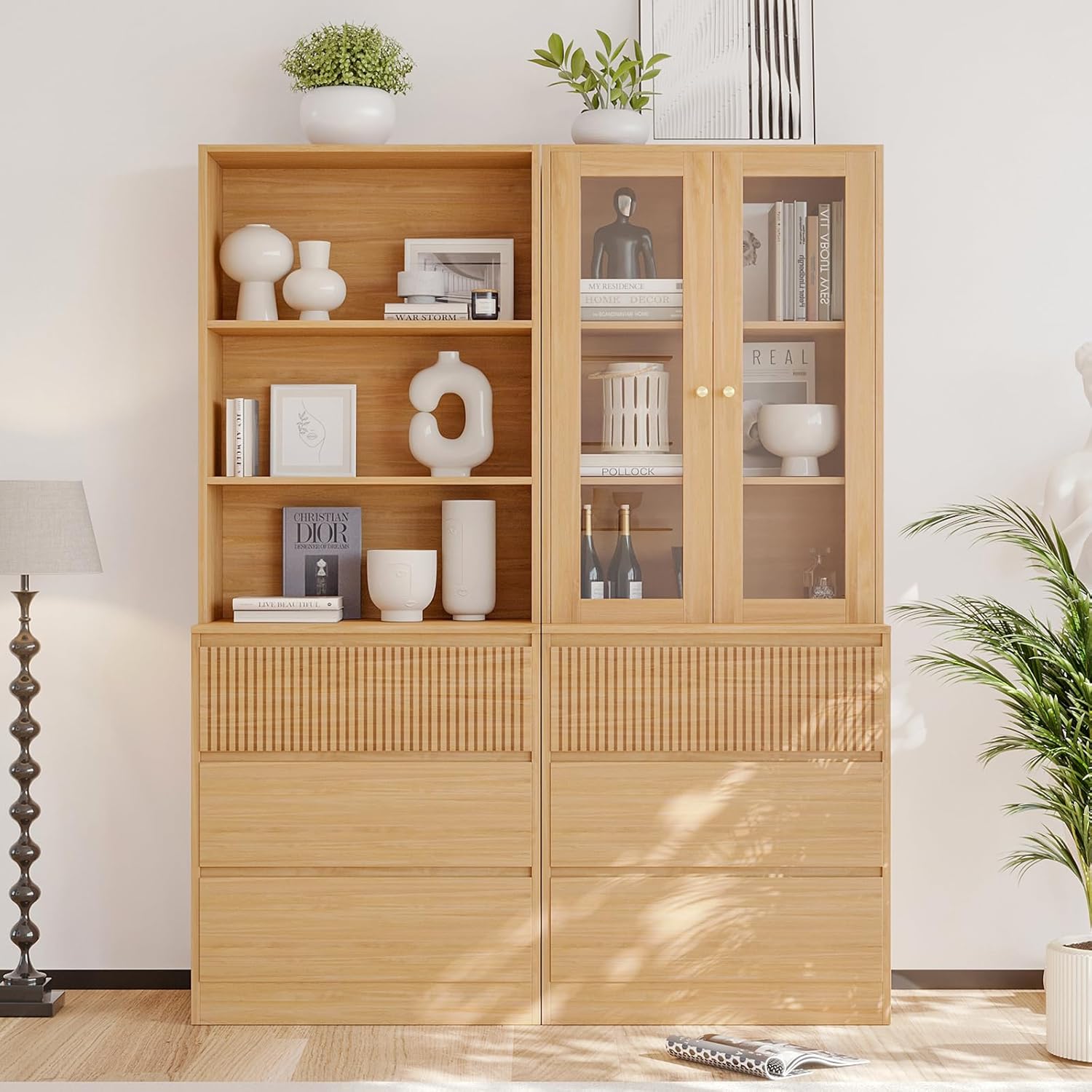 VOWNER Wood Bookcase Cabinet, 71’’ Freestanding Tall Storage Cabinet with 2 Tempered Glass Doors, Modern Kitchen Cupboard Large Floor Cabinet for Kitchen, Living Room, Home Office (B+D)