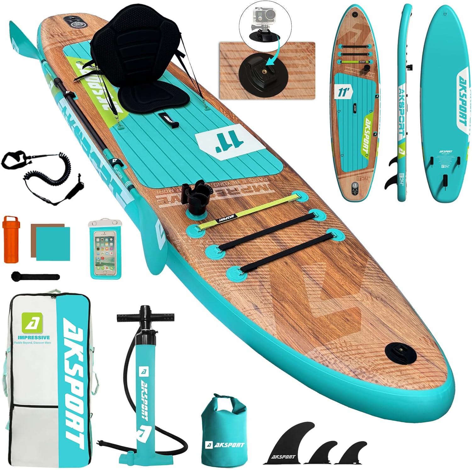 AKSPORT 11' Inflatable Stand-Up Paddle Board with Upgraded SUP Accessories Kit | Extra Wide 34