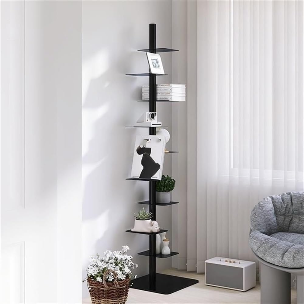 ZYHYZLF 9 Tier Metal Vertical Bookshelf, Free Standing Spine Bookshelf, Height Adjustable Book Tower, Corner Bookshelf Open Shelves, Multipurpose Ladder Bookcase for Home or Office(Black)