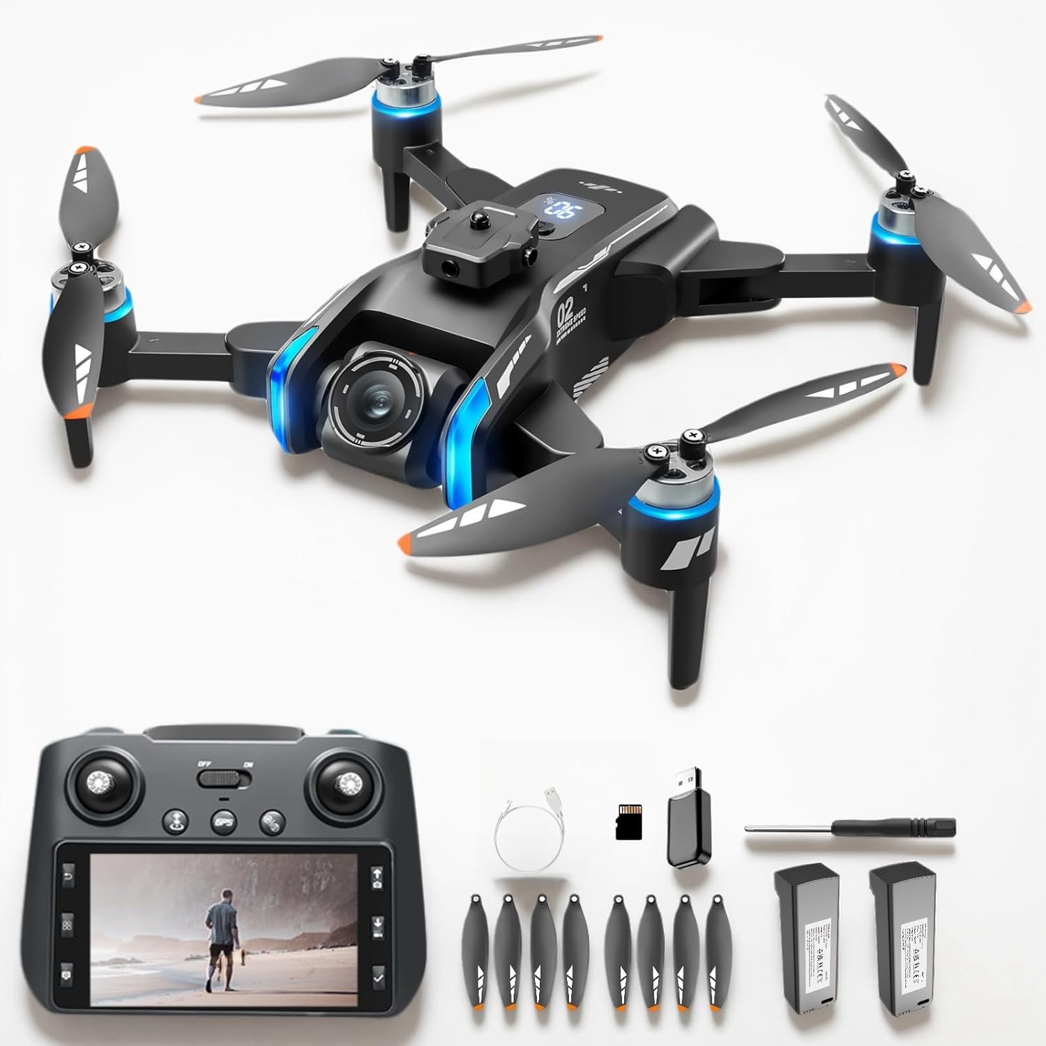 FOTN Optical Flow Foldable Drones with Camera for Adults 4k,GPS Navigation Drone with Screen On Controller ,Auto Return Follow Me Drone,Programmable Drones WIFI Transmission with Servo Gimbal,2 Batteries