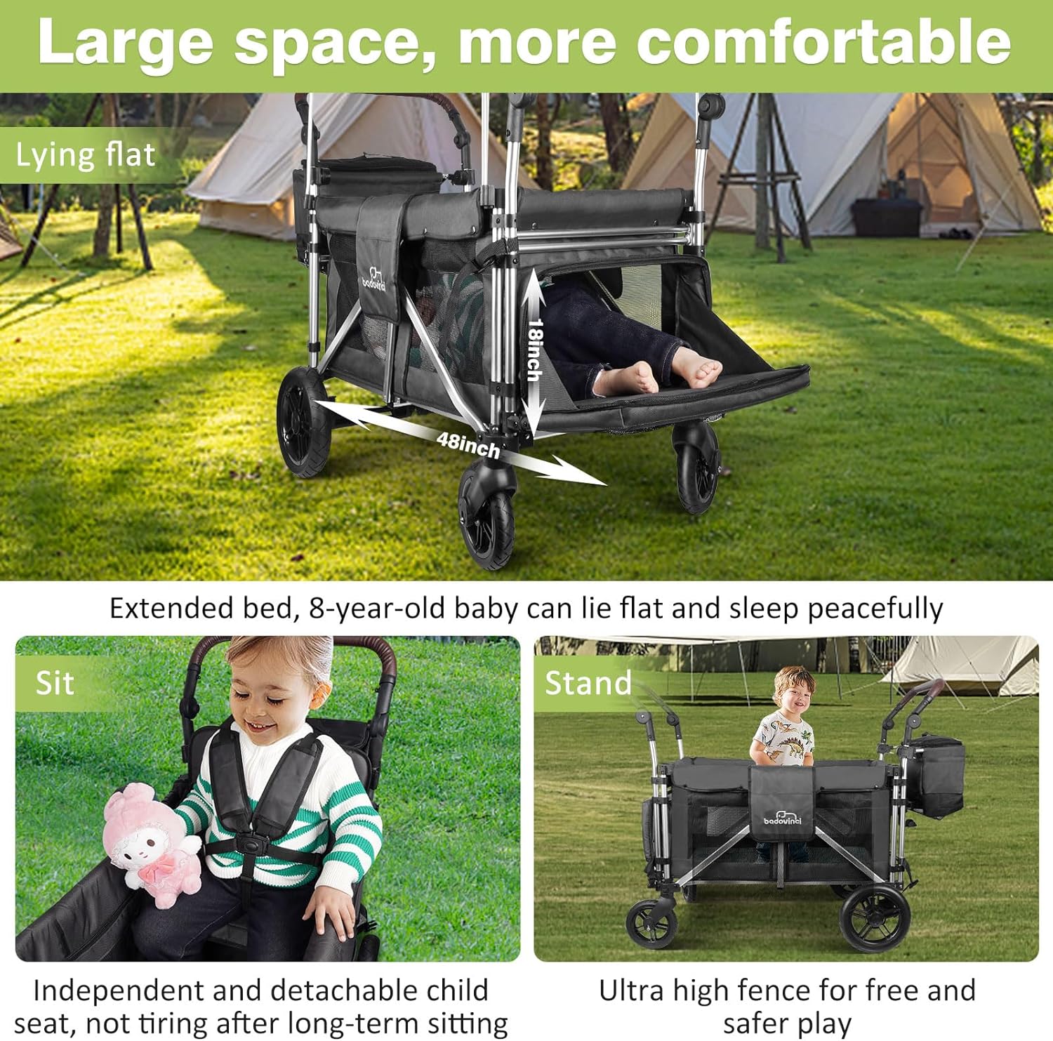 Stroller Wagon for 2 Kids, Foldable Push-Pull Rod Wagon Featuring 2 High Seats with 5-Point Harnesses and Adjustable Canopy, Perfect for Garden, Camping, Grocery Cart