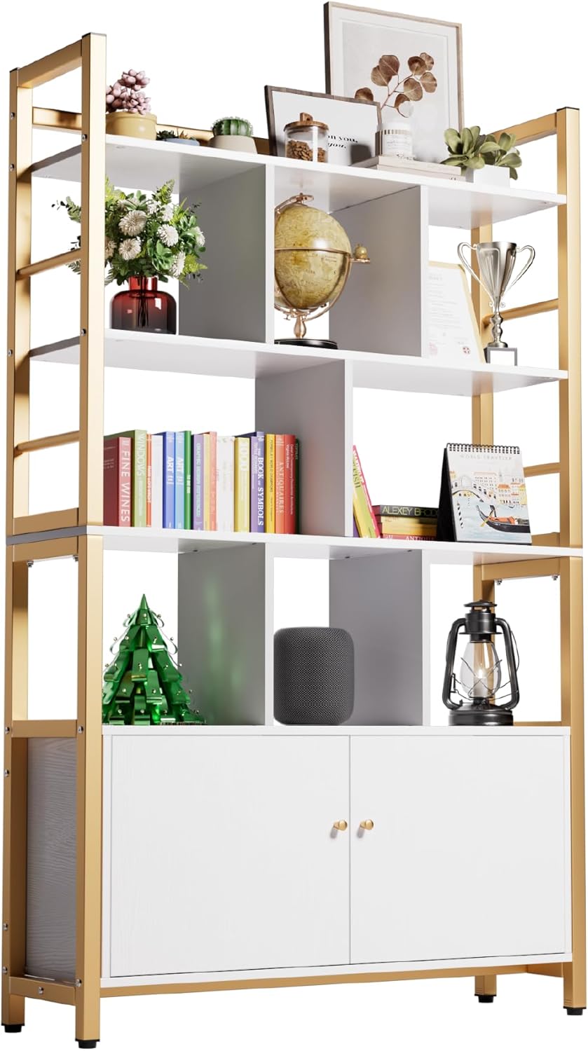 Gold and White Bookshelf with Doors, 4 Tier 39.4in Wide Heavy Duty Bookshelves with Cabinet Storage, Large Book Shelf 64.2