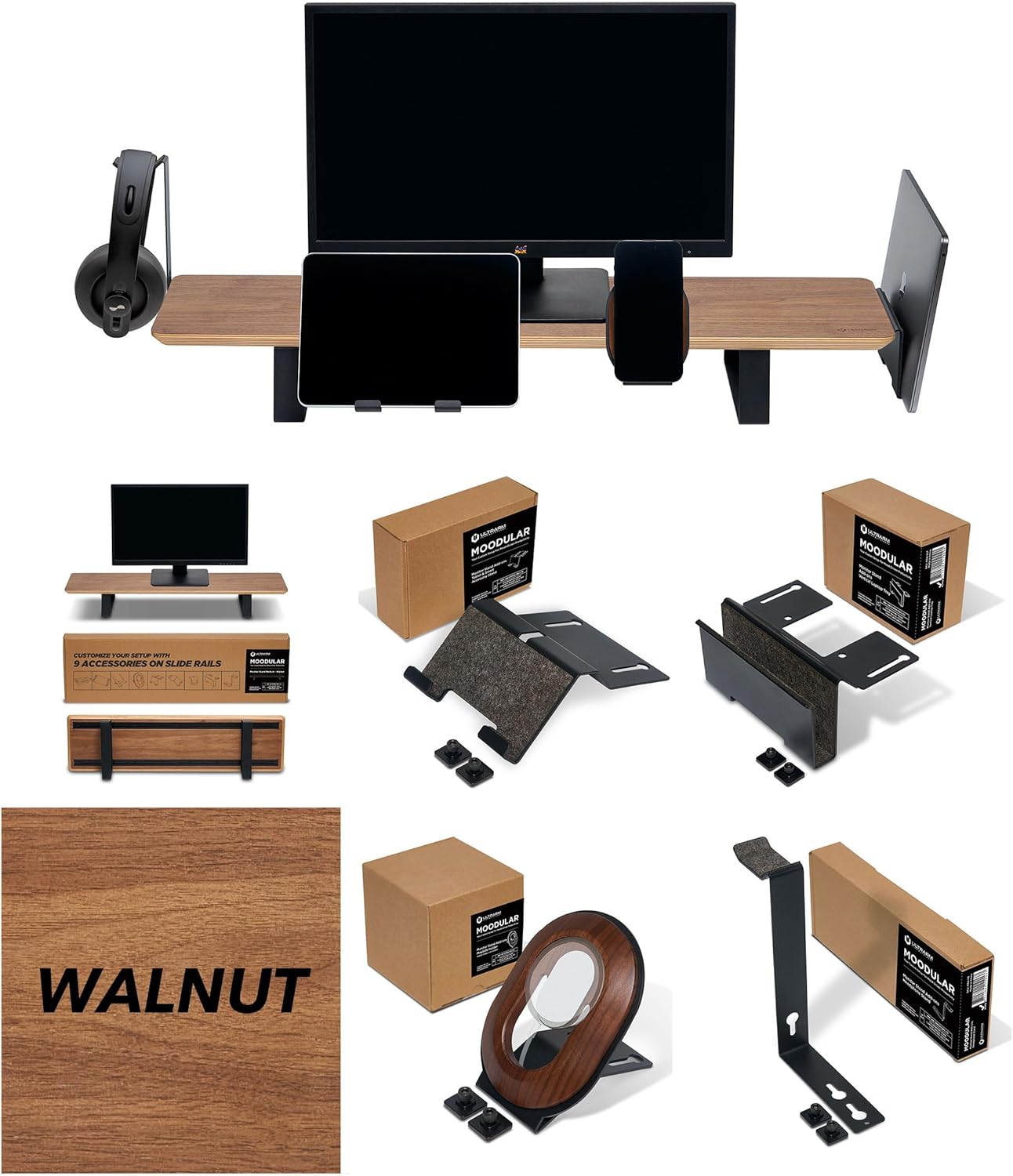 Moodular Wooden Monitor Stand Walnut with Add-on Accessories Vertical Laptop Tray, Phone Stand for MagSafe, Tablet Stand, Headphone Stand