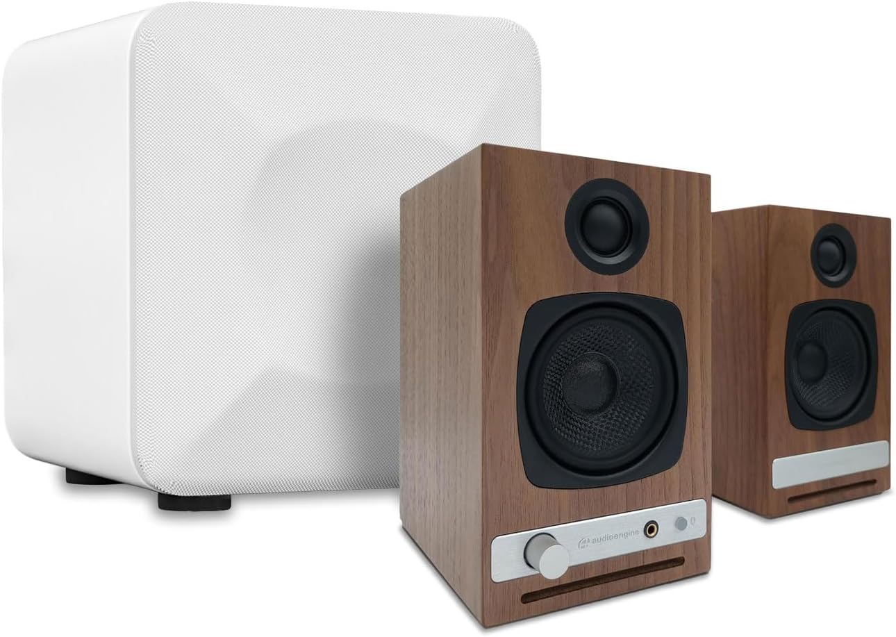 Audioengine A2 HD (HD3) Walnut 60 Watt Pc Speakers for Desktop and S6 White Subwoofer for Music Gaming Movies Studios Dorms Bedrooms Offices