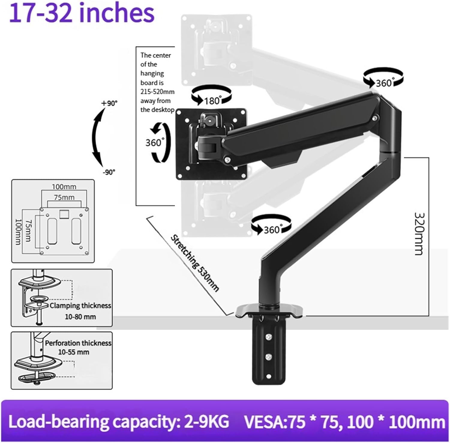 Adjustable single monitor stand Gas spring monitor arm Desk clamp, through-hole or wall mount, maximum load capacity 36 inches 12 kg monitor arm(M3B)
