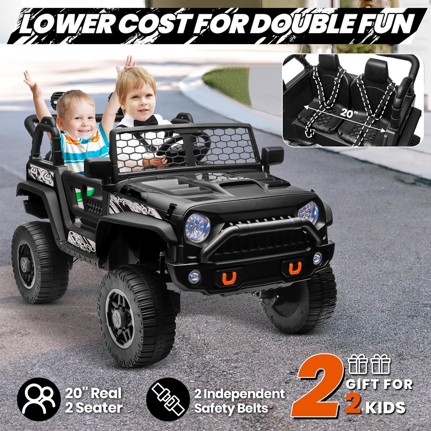 JOYRACER 24V Kids Electric Ride on Truck w/4x200W, 4WD/2WD Switchable XL 2 Seater Ride On Car w/20'' Seat, Remote Control Power Car Wheels w/5MPH Max, Battery Powerd Car Vehicles for Kids Boys, Black