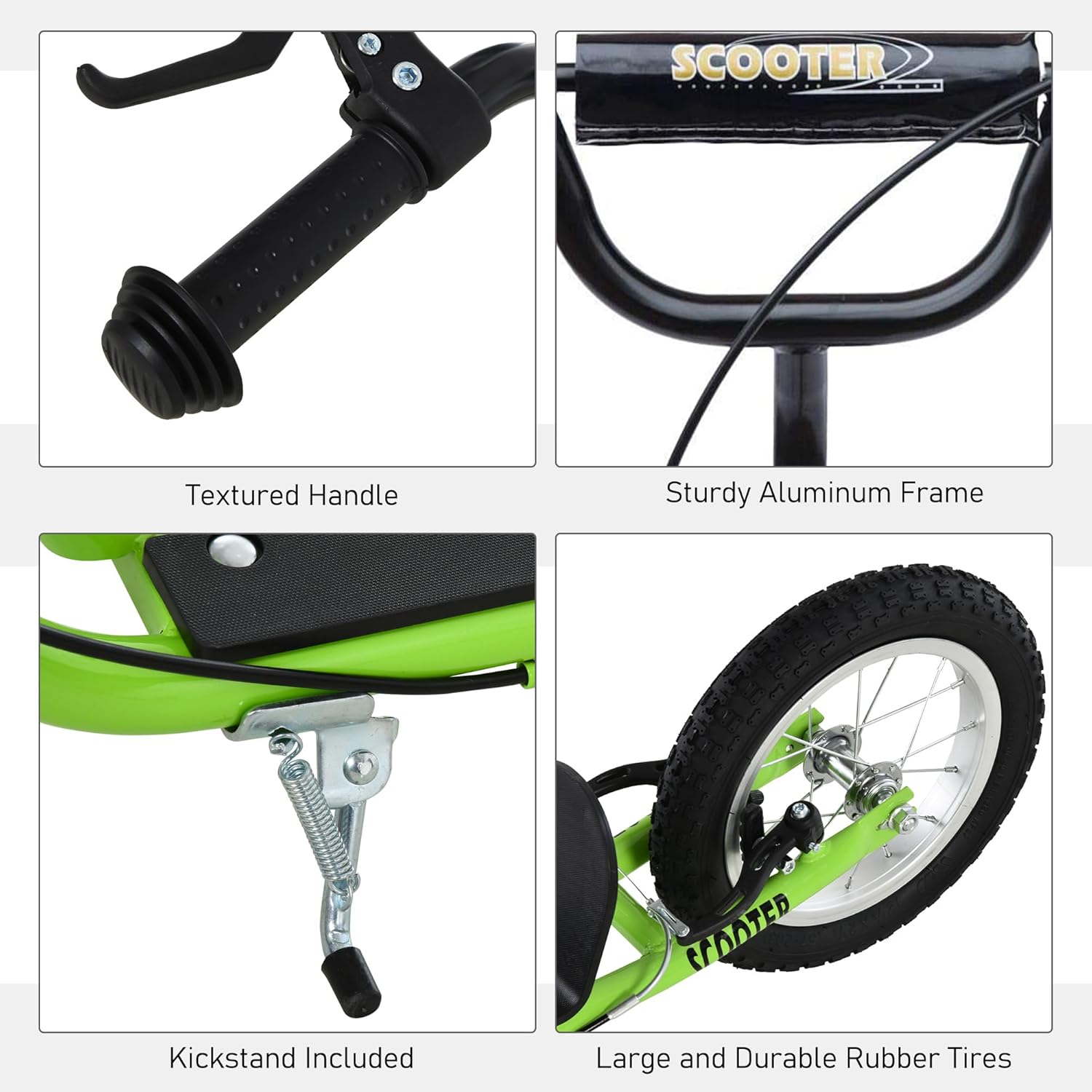 Youth Scooter for Kids with Adjustable Handlebar, Dual Front & Rear Brakes, Inflatable Rubber Wheels, Sturdy Aluminum Frame, Non-Slip Pedal, Green Kick Scooter