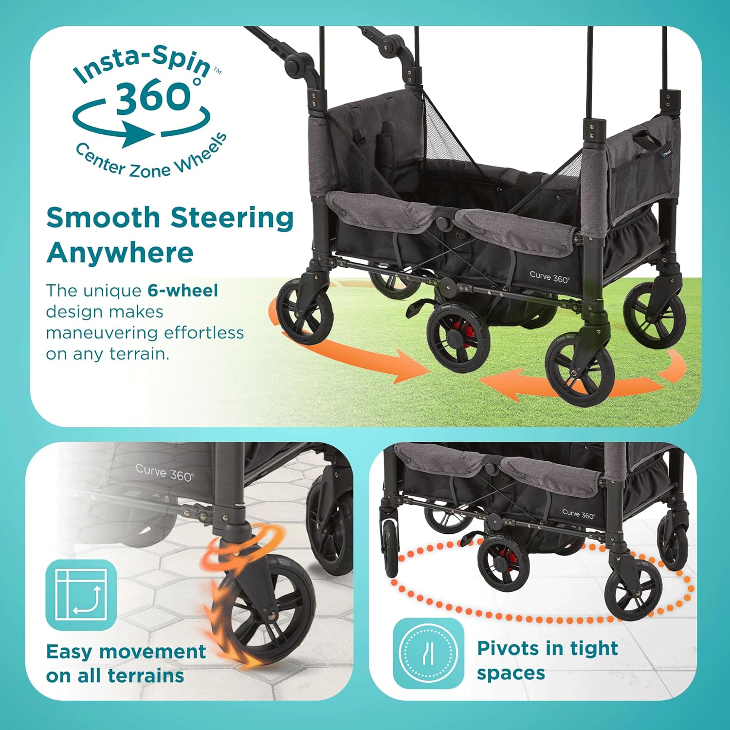 Contours Curve 360 Lightweight Double Baby Stroller Wagon for 2 Kids, Fits Infant Car Seats, Ultra Maneuverable, Easy in and Out for Toddlers with Deep Footwell, Storage Pockets and Adjustable Handle