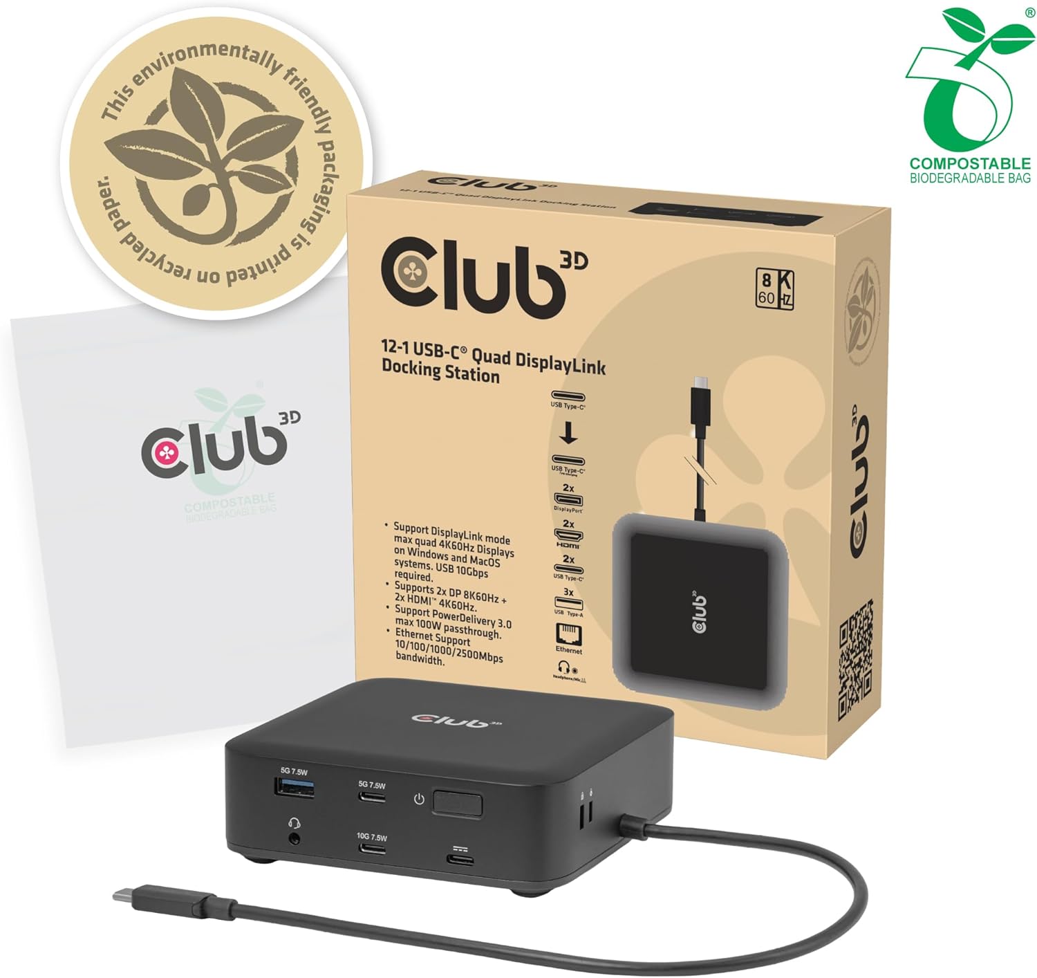 USB C Displaylink Docking Station Quad Monitor - 12-in-1 Laptop Dock 4K 60Hz HDMI DisplayPort 8K 60Hz, 100W PD Charging, 2.5G Ethernet, USB Hub for MacBook Pro Windows - CSV-2542