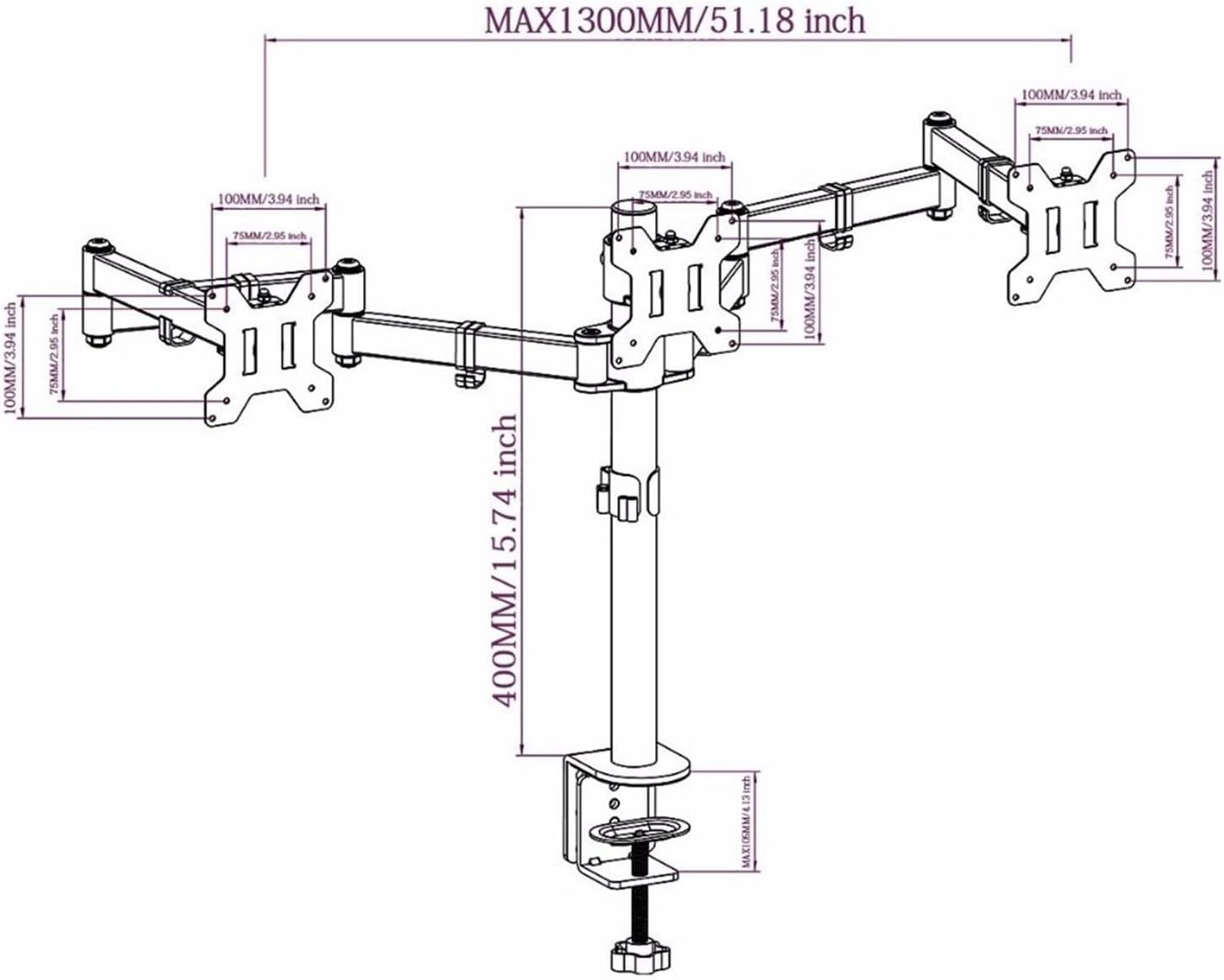 Fully Adjustable Three Arm Triple LCD LED Monitor Desktop Stand Mounting Bracket 360 Degree Rotation 180 Degree Pull Out Swivel Arm