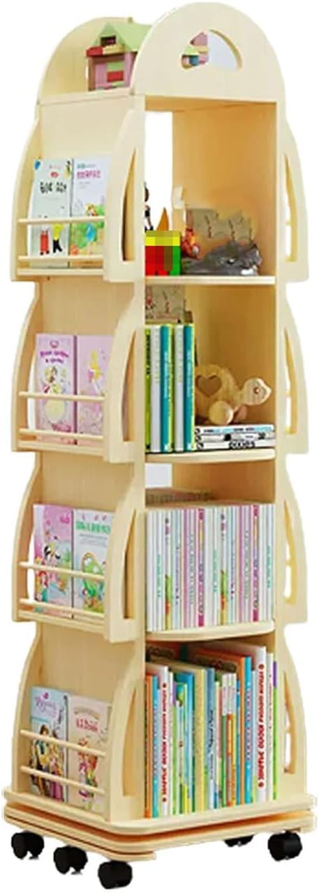 SYALEO Solid Wood Rotating Bookshelf Tower 360° Display Revolving Bookcase Spinning Bookshelf Tower Floor Standing Storage Rack for Home Office, 5 Tier, With Wheels