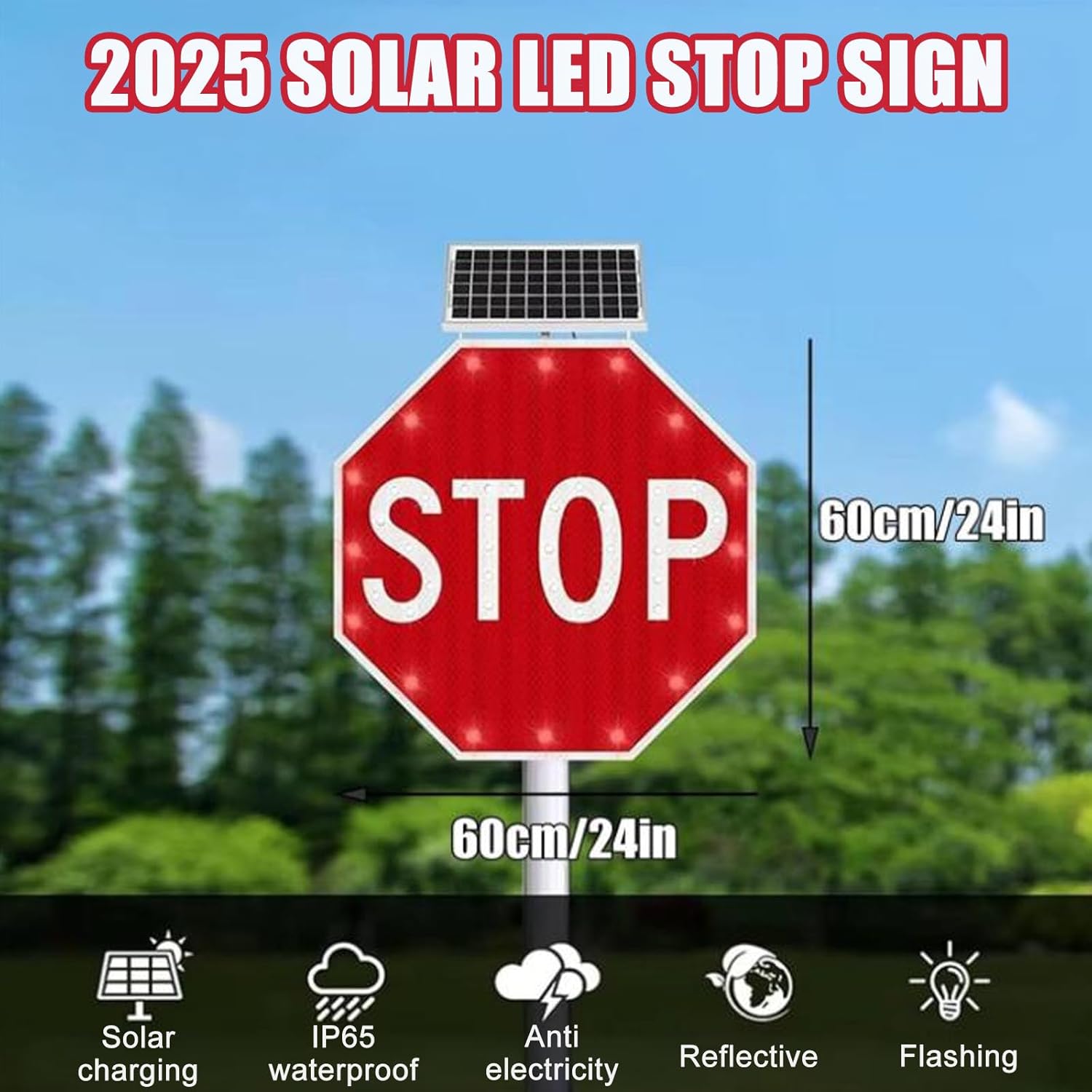 2025 Solar-Powered Flashing Stop Sign - 24 Bright LEDs, High-Intensity Reflective Visibility up to 0.5 Miles, Weather-Resistant Aluminum Traffic Warning Sign, 80cm/31.5in