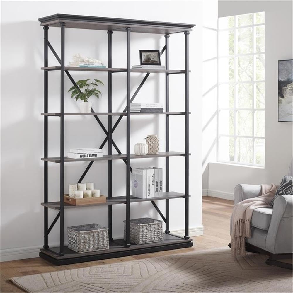 BOWERY HILL Industrial Metal 58-Inch Bookcase in Antique Gray