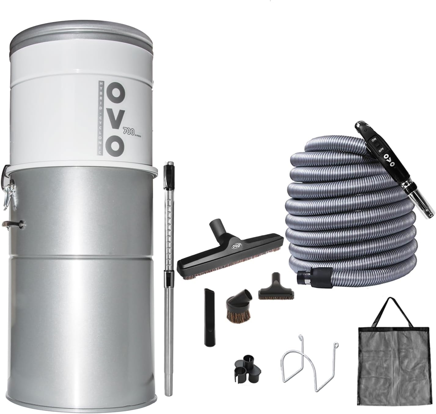 OVO Heavy Duty Powerful Central Vacuum System, Hybrid Filtration (with or Without Disposable Bags) 35L or 9.25Gal, 700 Air watts with 30ft Deluxe Accessory kit Included