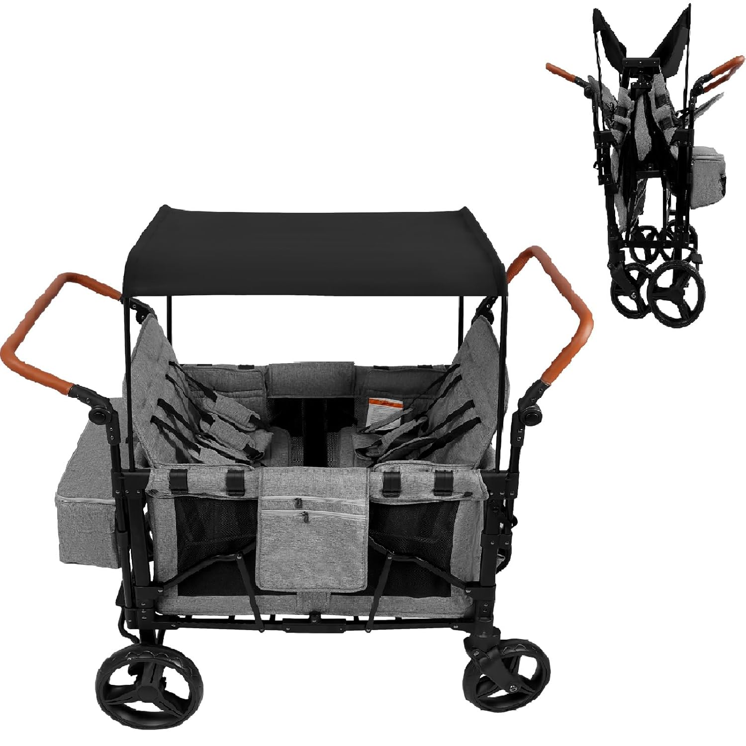 Foldable 4 Seat Wagon Stroller for Kids, Quad Stroller Wagon with Canopy, Adjustable Push/Pull Handles, 5-Point Harnesses, Removable Seat, Double Push Bar Wagon Stroller with Storage Pockets