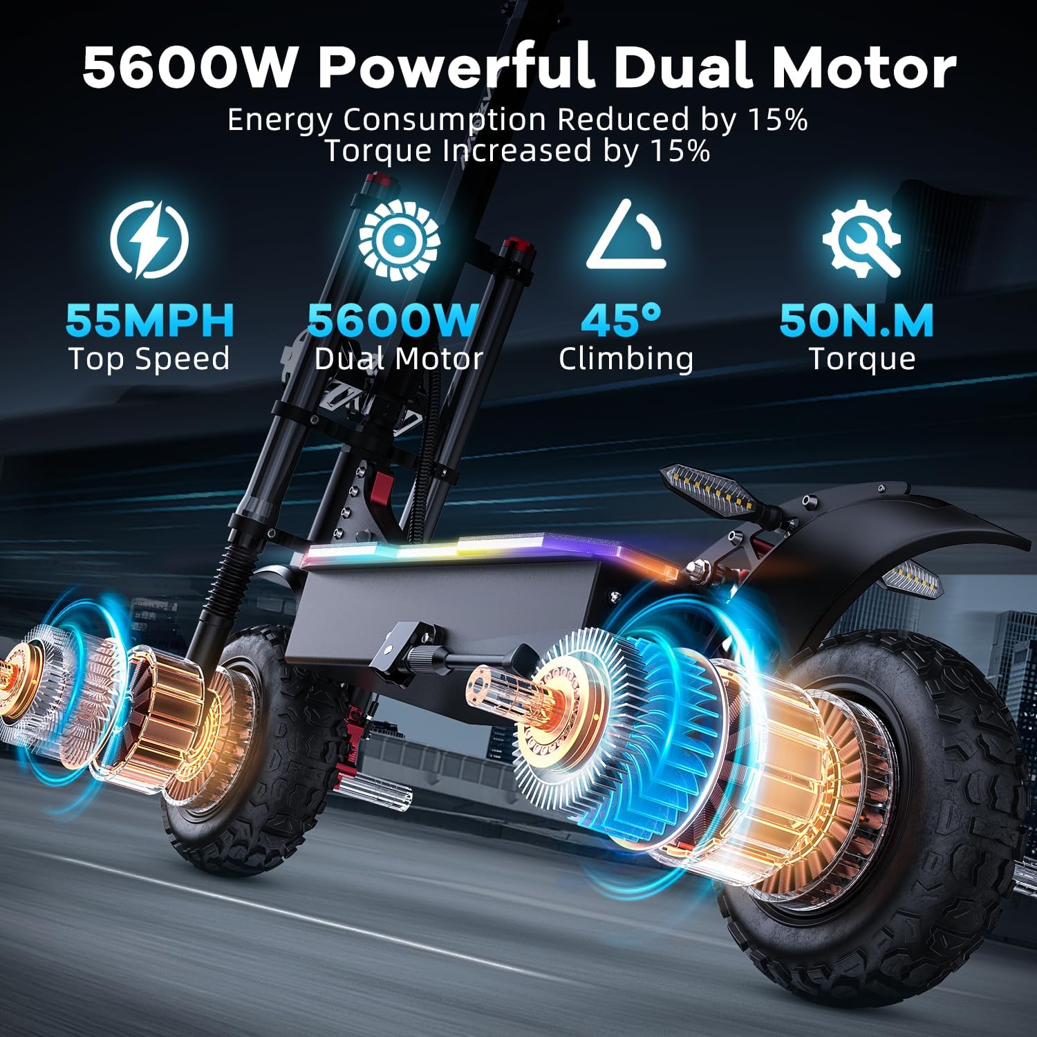 Electric Scooter Adults - 5600W Dual Motor Off-Road Scooter,60V 33Ah Battery 60Miles Long Range,50MPH Fast Electric Scooter with Seat,Dual Charging Ports for Commute/Outdoor Adventure