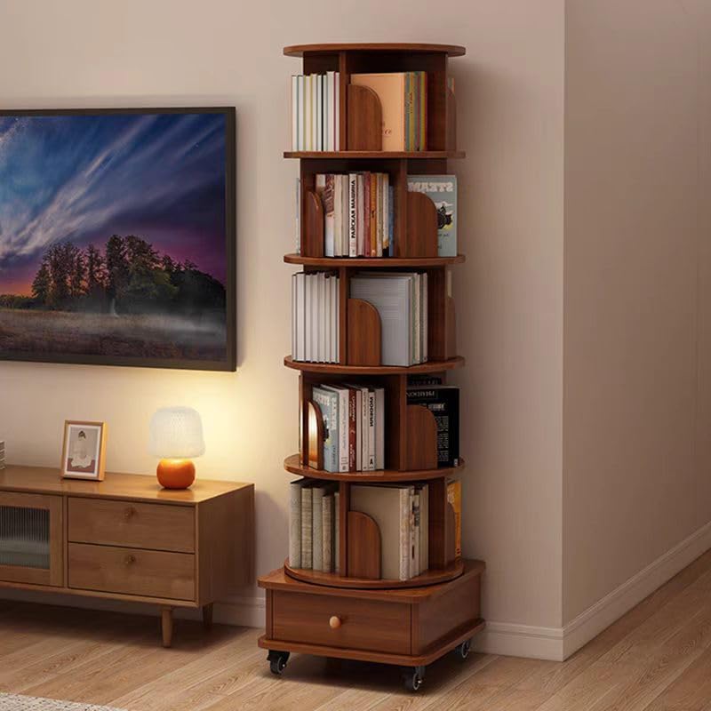 Rotating Bookshelf, 360 Display Corner Bookshelf for Small Space, 6 Tier Bookcase Storage Rack with Wheels, Wood Narrow Organizer for Bedroom, Living Room, Study Room, Walnut Brown, Shelves (Brown)