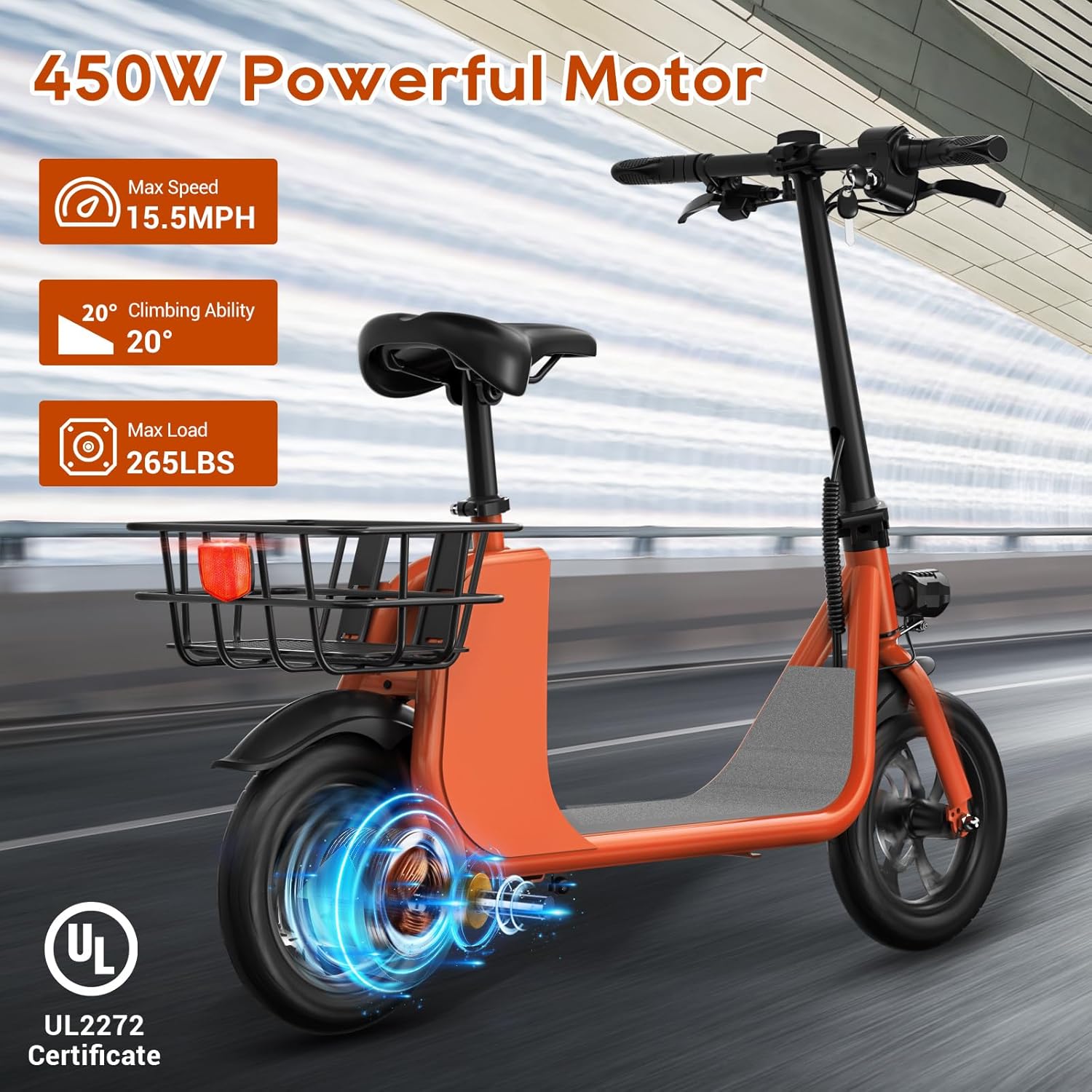 RIDWIND Electric Scooter with Seat for Adults, 450W Motor Foldable E Scooter for Adults with LCD Display,15.5MPH, 20 Miles Range, Max Load 265LB, UL2277 Certificate