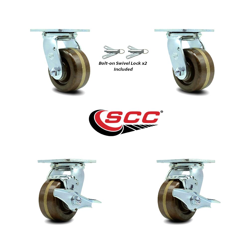 High Temp Phenolic Swivel Top Plate Casters Set of 4 Heavy Duty with 4 Inch Wheels-Includes 2 Swivel with Bolt on Swivel Locks and 2 Swivel with Brakes-3,200 lbs. Total Capacity - Service Caster Brand